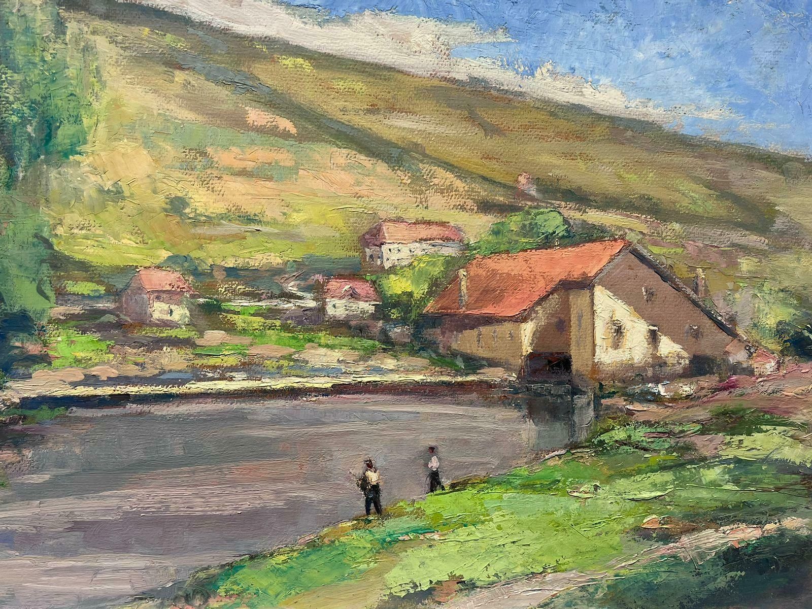 Leon Hatotvintage French Oil Painting Of Two People Fishing In Grey Summer Day Lake photo Art
