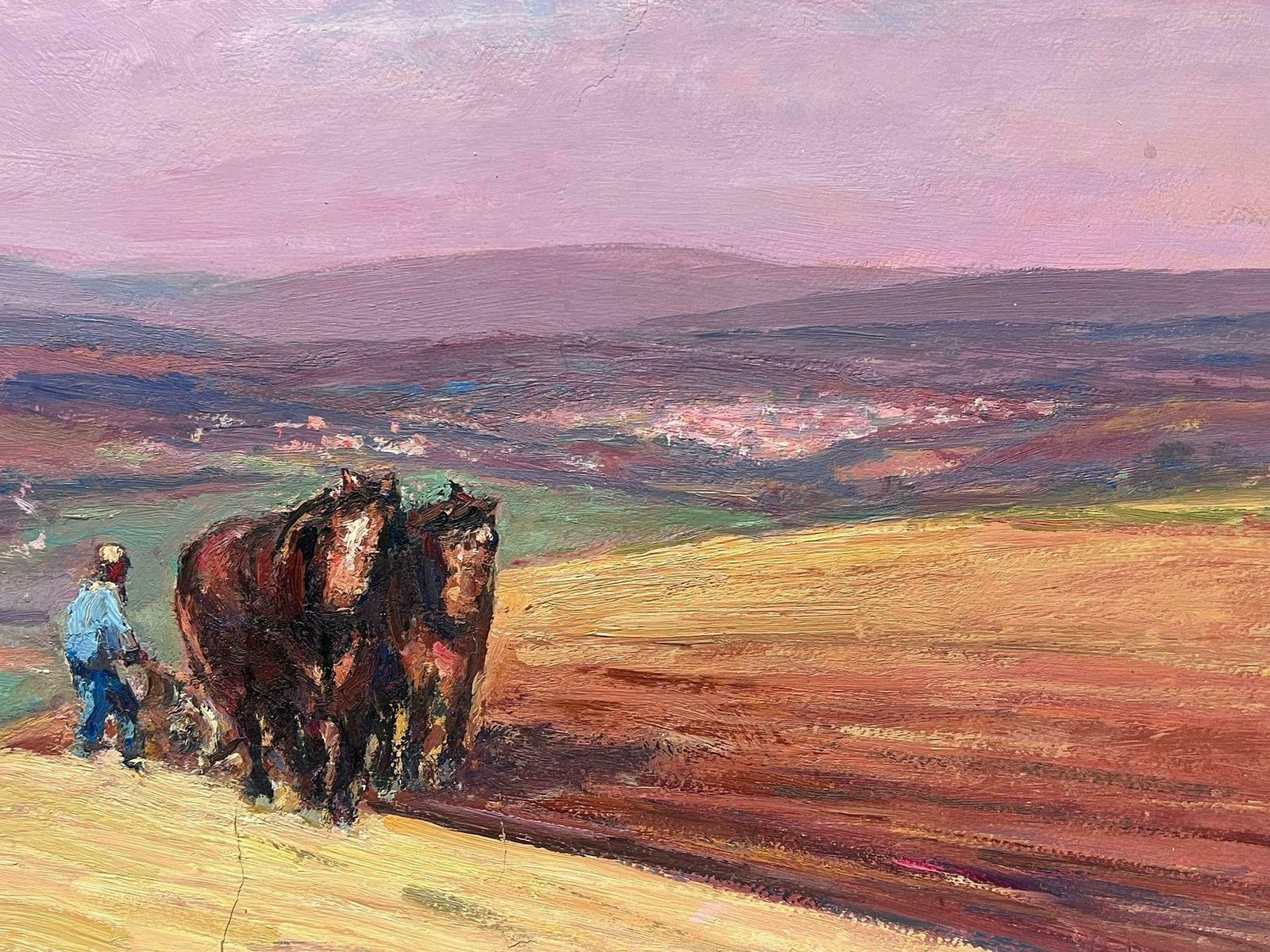 Leon Hatotvintage French Oil Painting Brown Horses In Field Under Purple Sunrise photo furniture