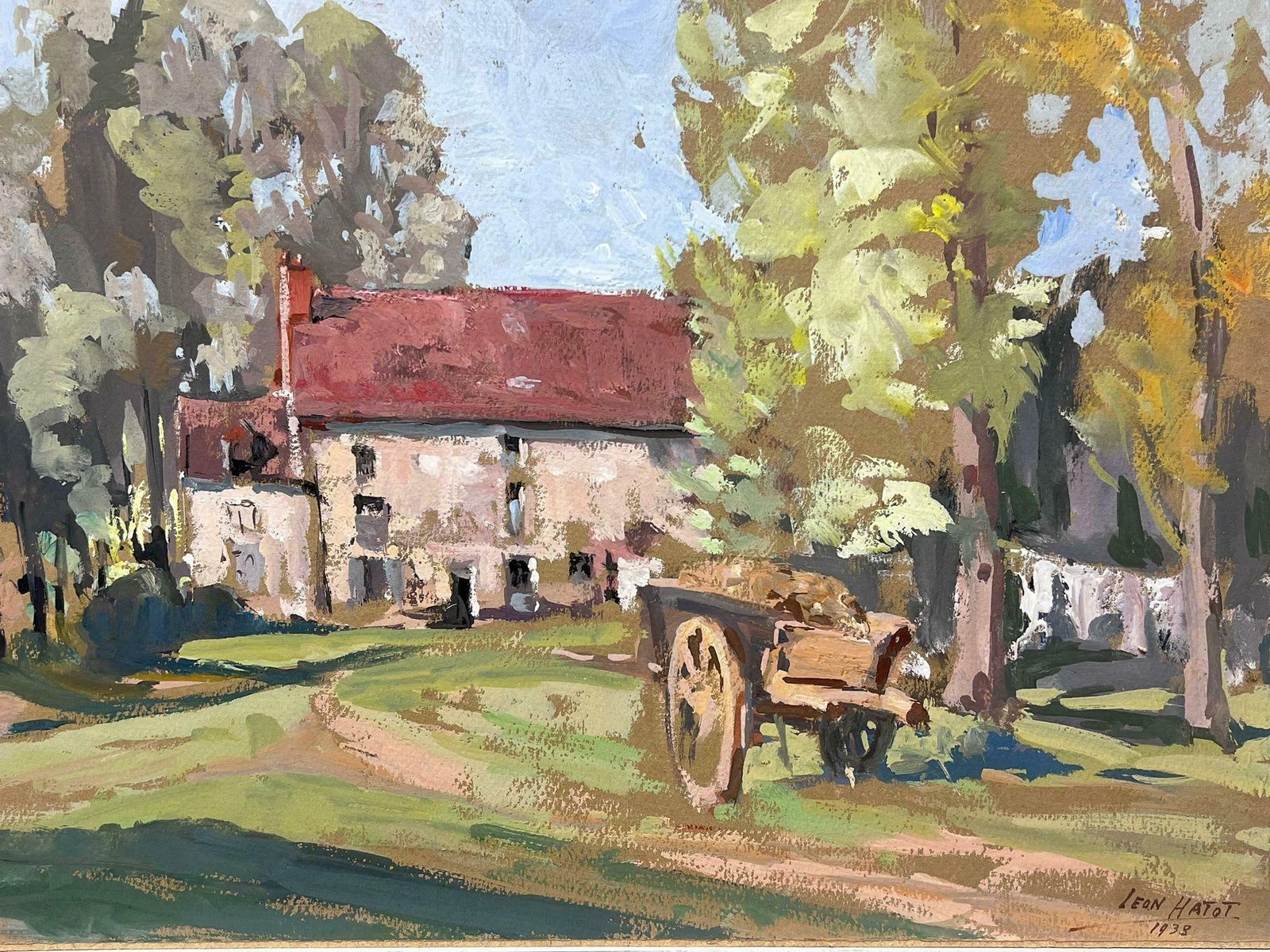 Leon Hatotvintage French Oil Painting Hay Kart Outside Country Home photo 766.0