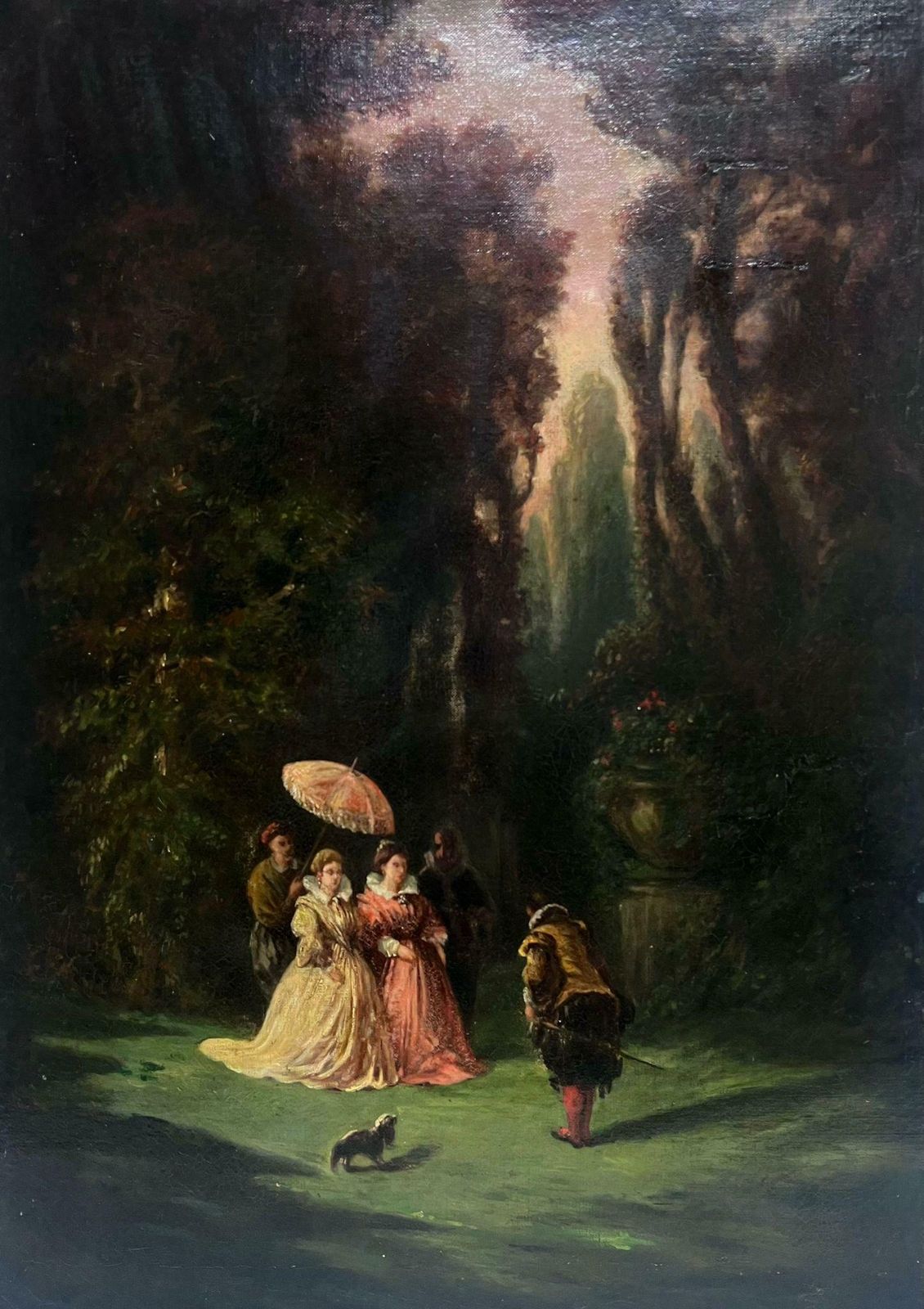 1800's French Oilcourtier Presenting Himself To Elegant French Ladies In Rococo Parkland, 1800's C. 1800