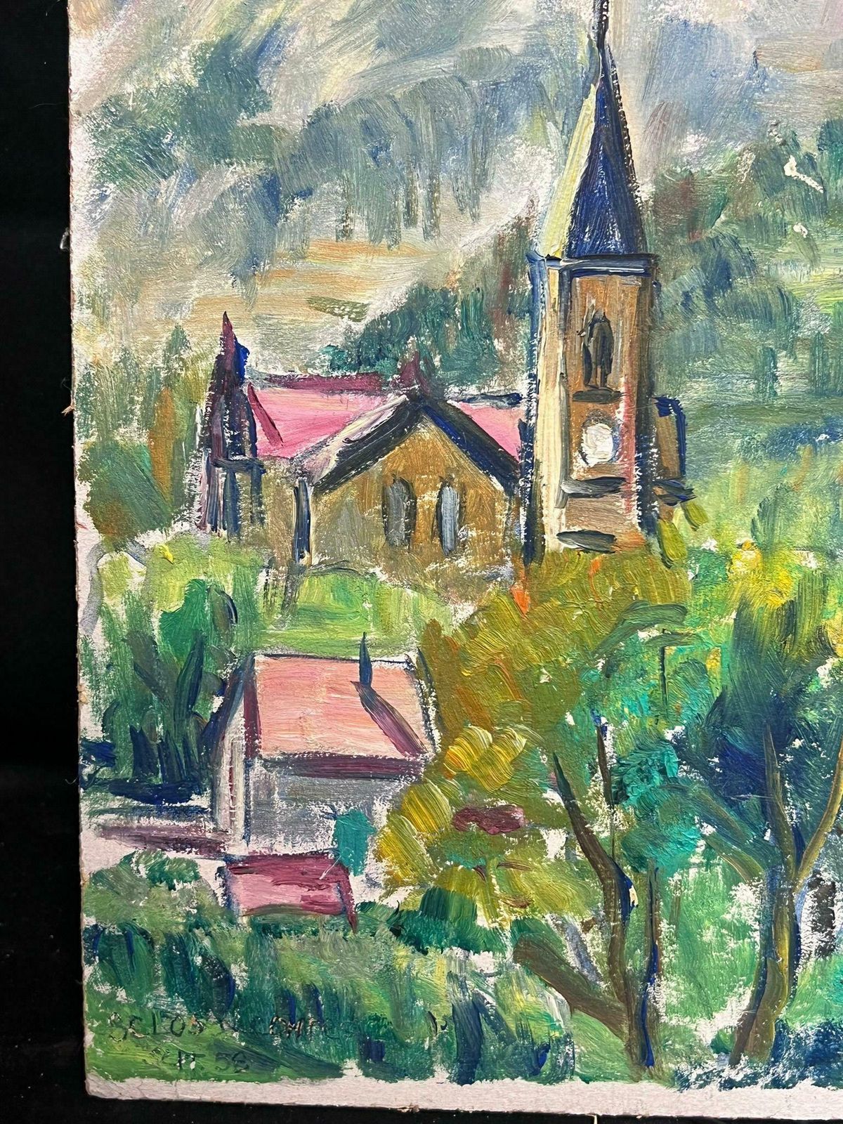 Regine David1950's French Bright Village Church Among The Hills Post Impressionist Oil 1950's photo 460.0