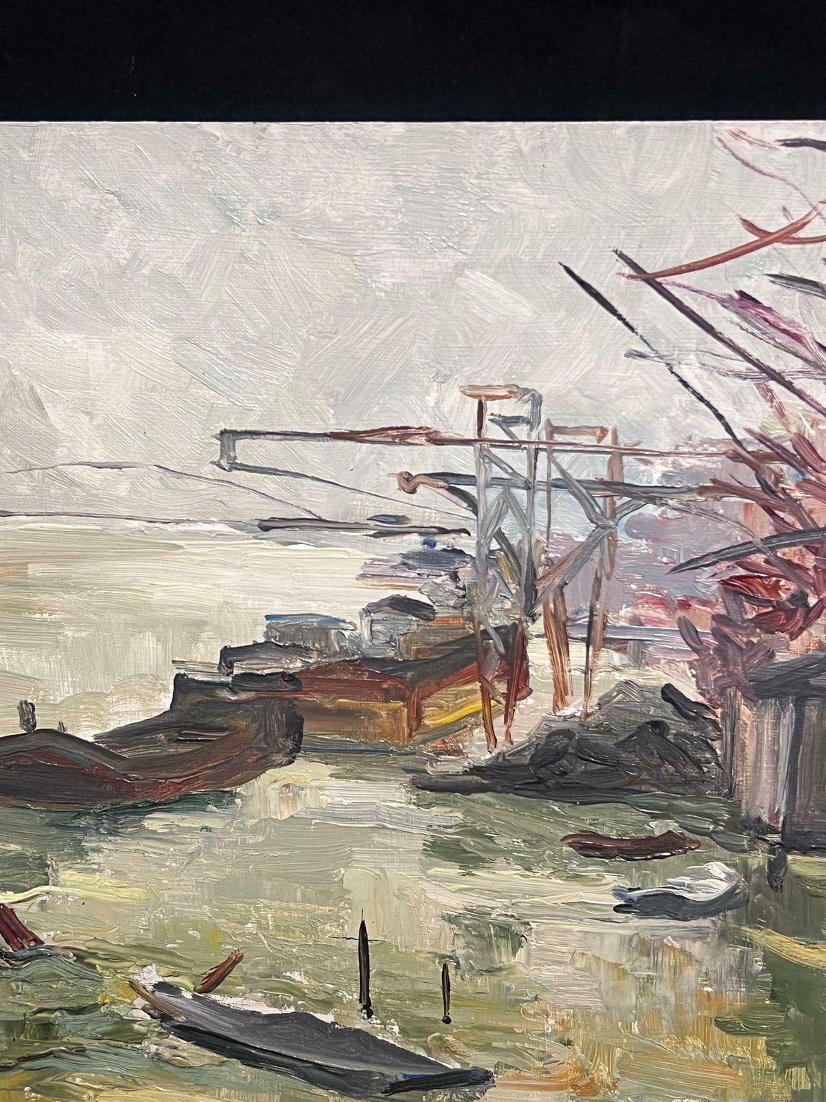 Regine Davidmid Century Spring Boats In Industrial Riverside Scene French Oil Painting1950's photo 352.0