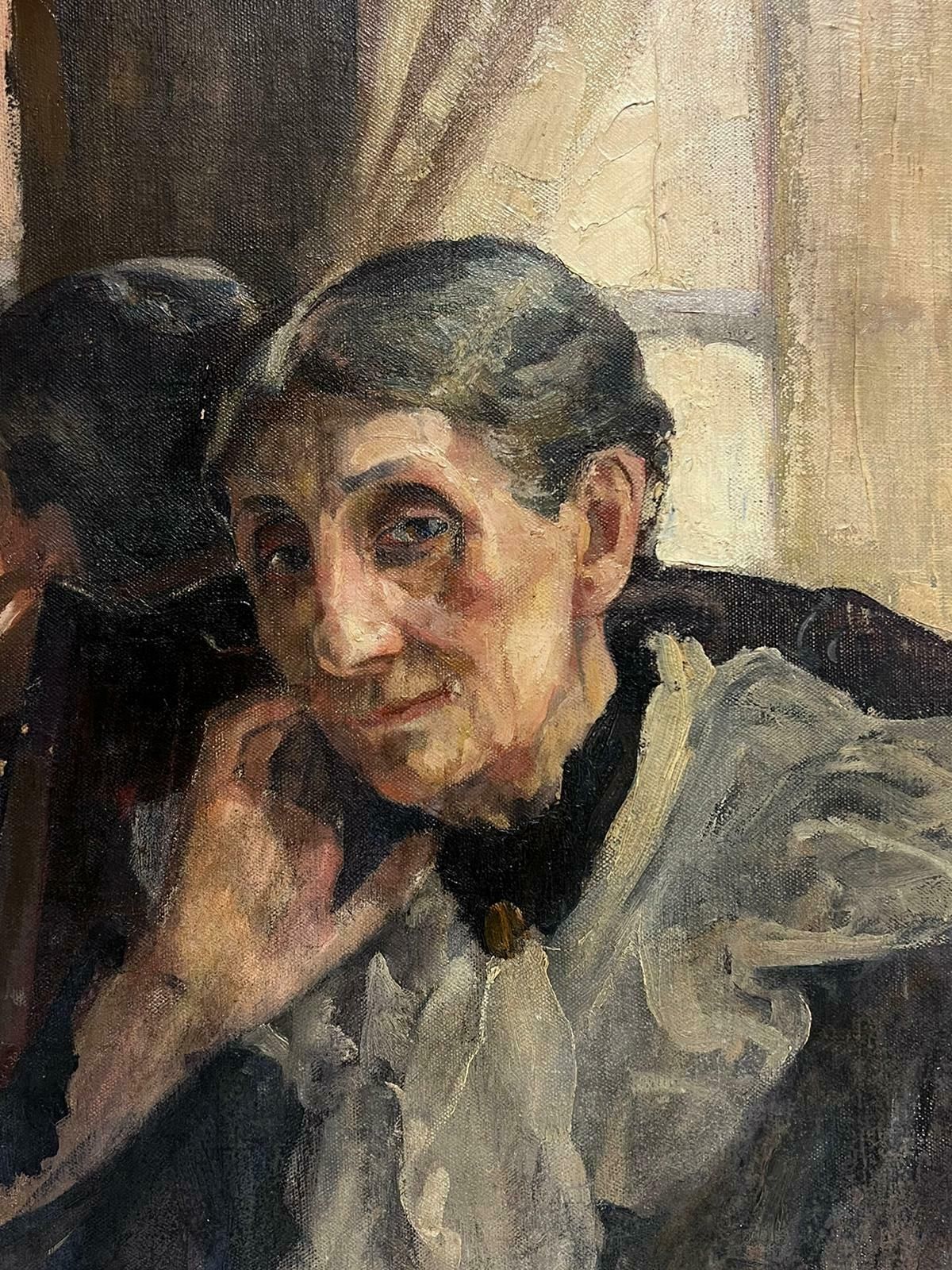 French School1900's French Impressionist Oil Painting Portrait Of Elderly Lady In Mirror1900