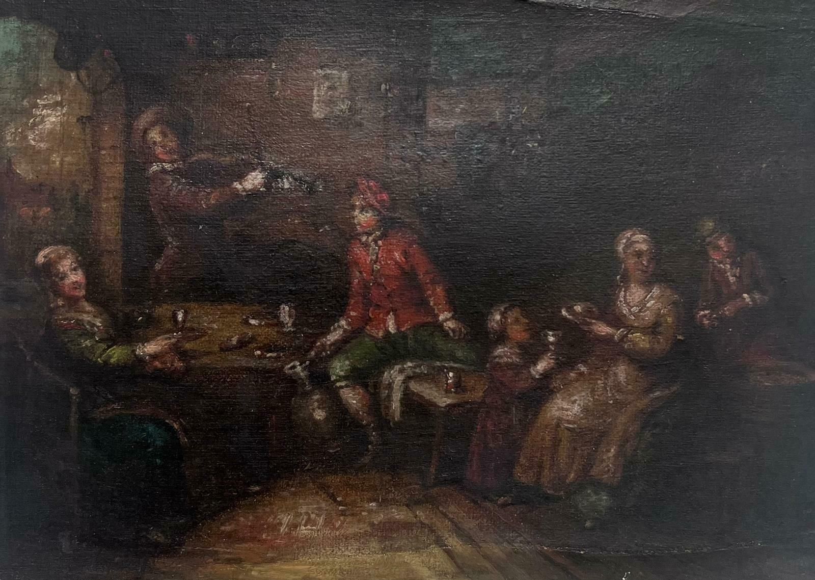 French School18th Century French Oil Painting Tavern Scene Interior Figures & Violin Player