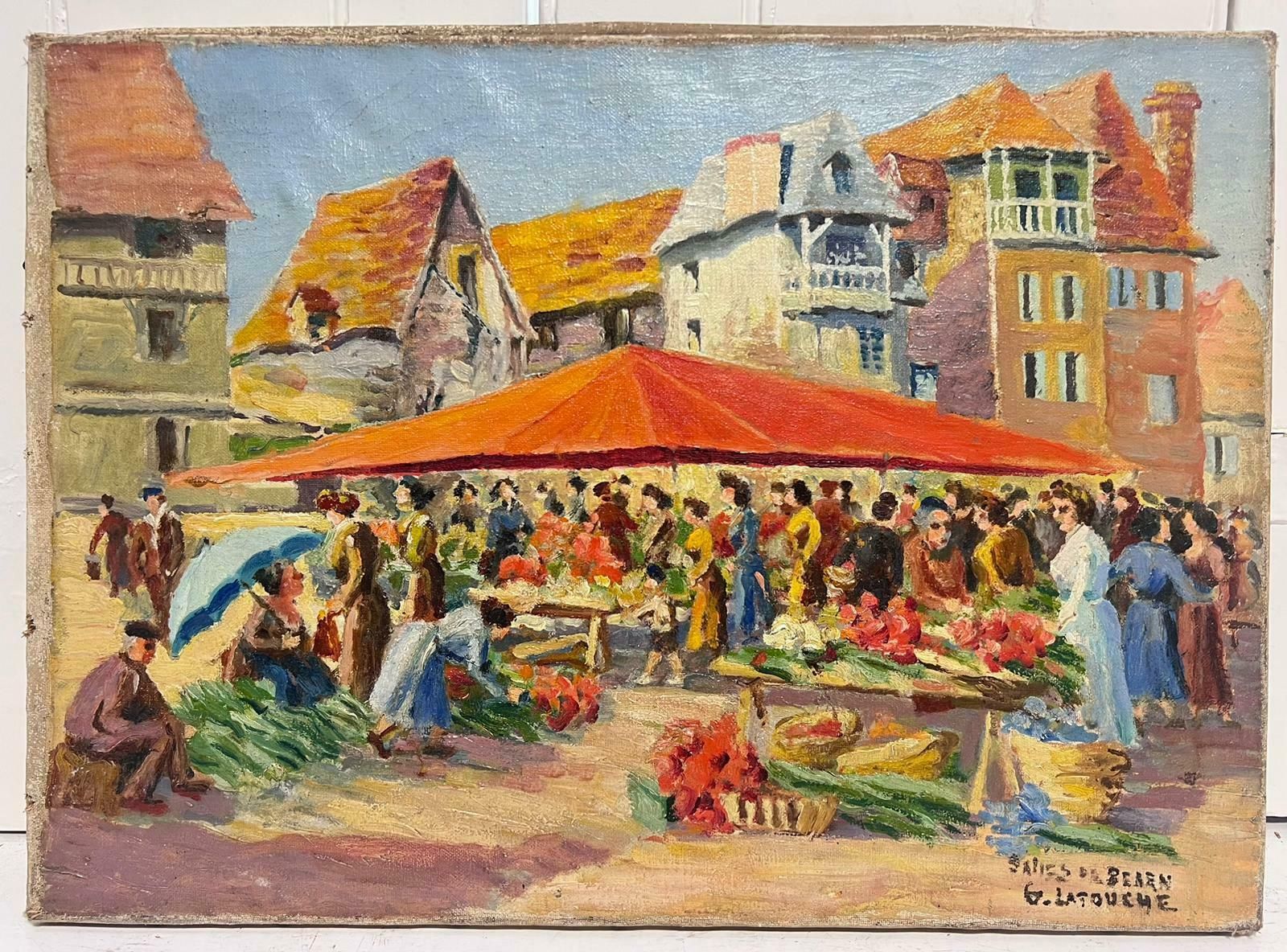 French School1950's French Signed Oil Busy Fruit & Veg Market Town Square With Figures photo furniture