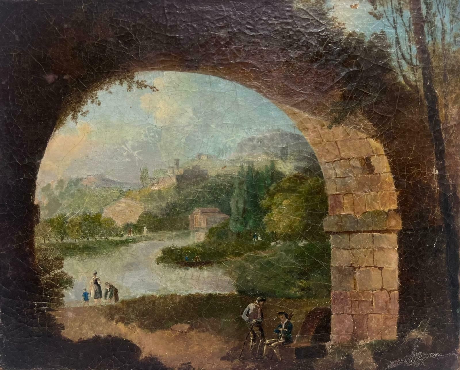 18th Century Italian Schoolantique Italian Grand Tour Oil Painting Figures In Arcadian Landscape