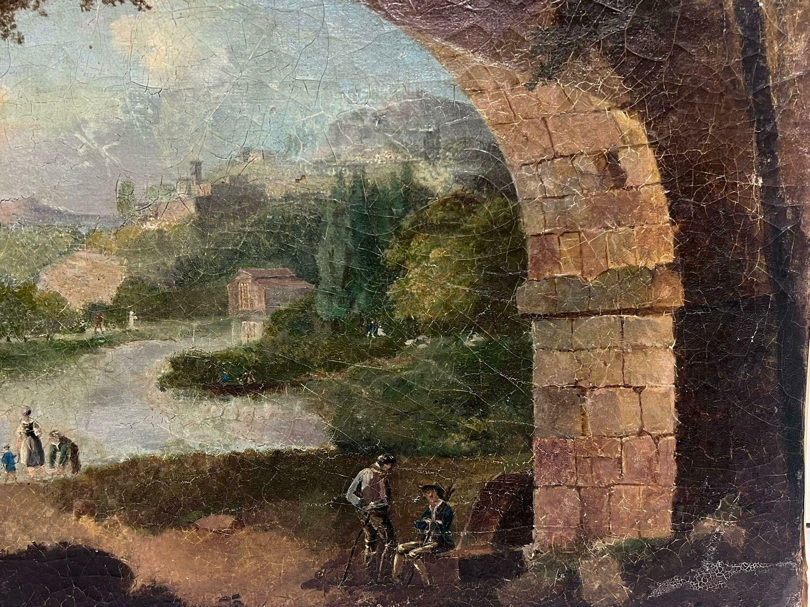 18th Century Italian Schoolantique Italian Grand Tour Oil Painting Figures In Arcadian Landscape photo for sale