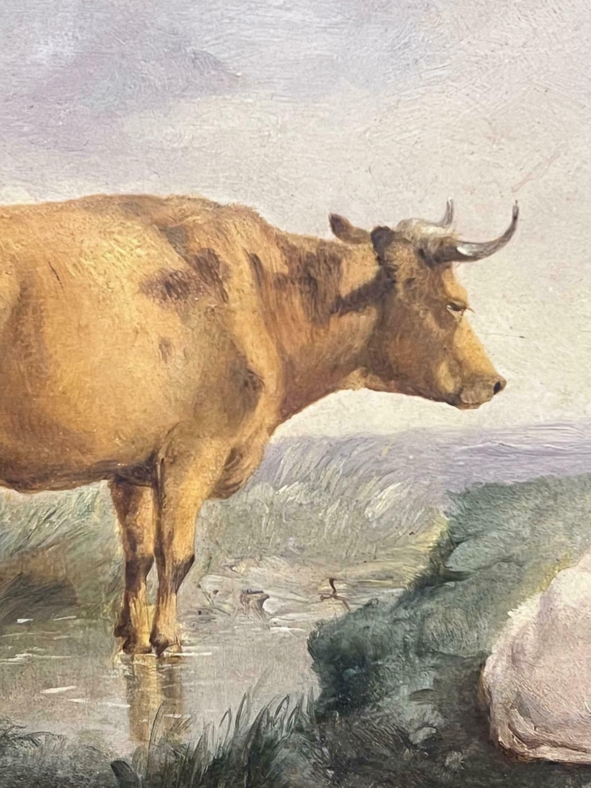 English Victorian Artistcattle In Pastoral Landscape By Stream Victorian English Oil Painting Gilt Frame photo for sale