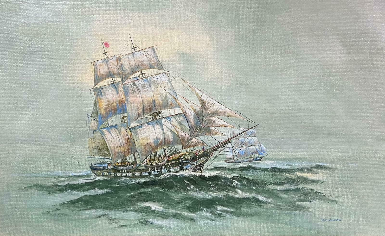 Henry Woodwardlarge British Marine Oil Painting Old Whaling Ships On High Seas, Signed Canvas photo furniture