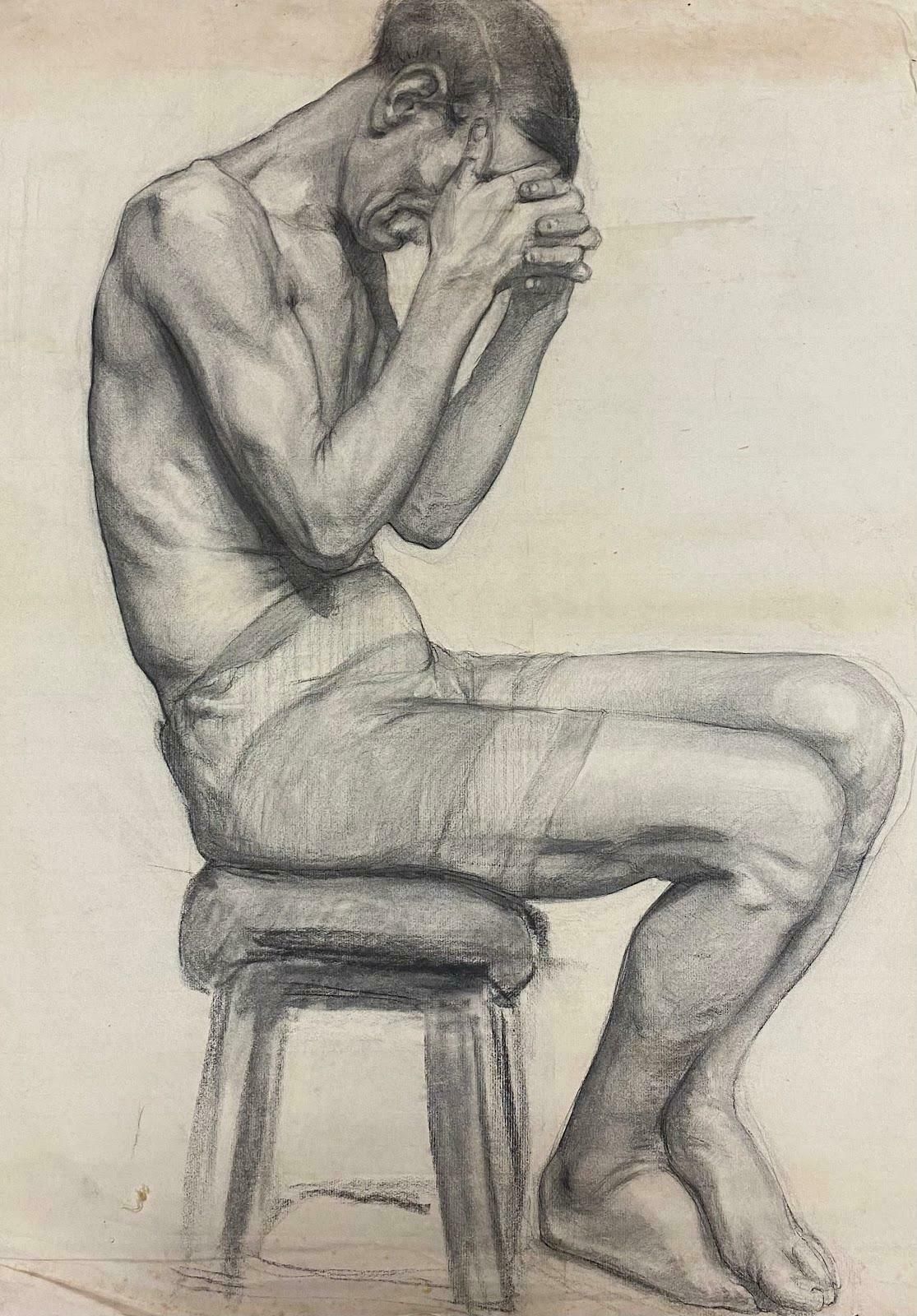 Jeanne Nachat1900s Original French Atelier Life Drawing Posed Man Head In Hands1900s