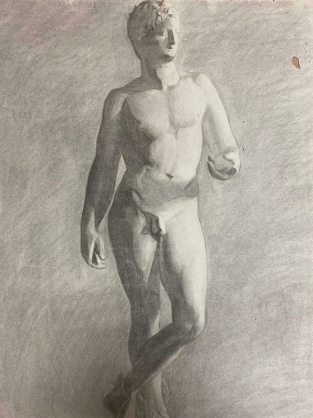Jeanne Nachat1900s French Atelier Academic Drawing Portrait Of Classical Male Nude Sculpture1900s photo furniture