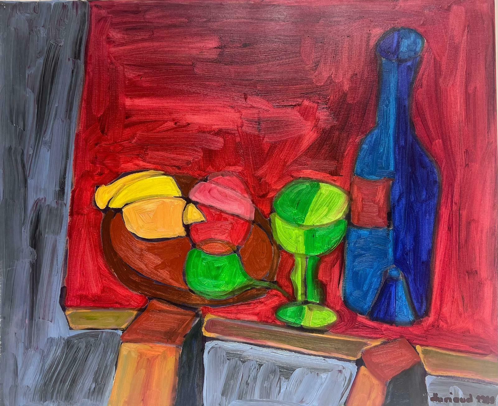 Christian Duriaud1980's French Modernist Cubist Signed Painting Still Life Fruit & Blue Bottle