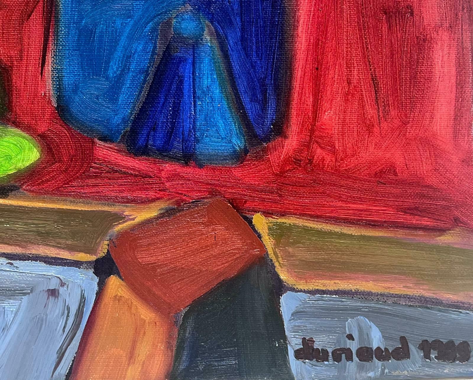 Christian Duriaud1980's French Modernist Cubist Signed Painting Still Life Fruit & Blue Bottle photo furniture