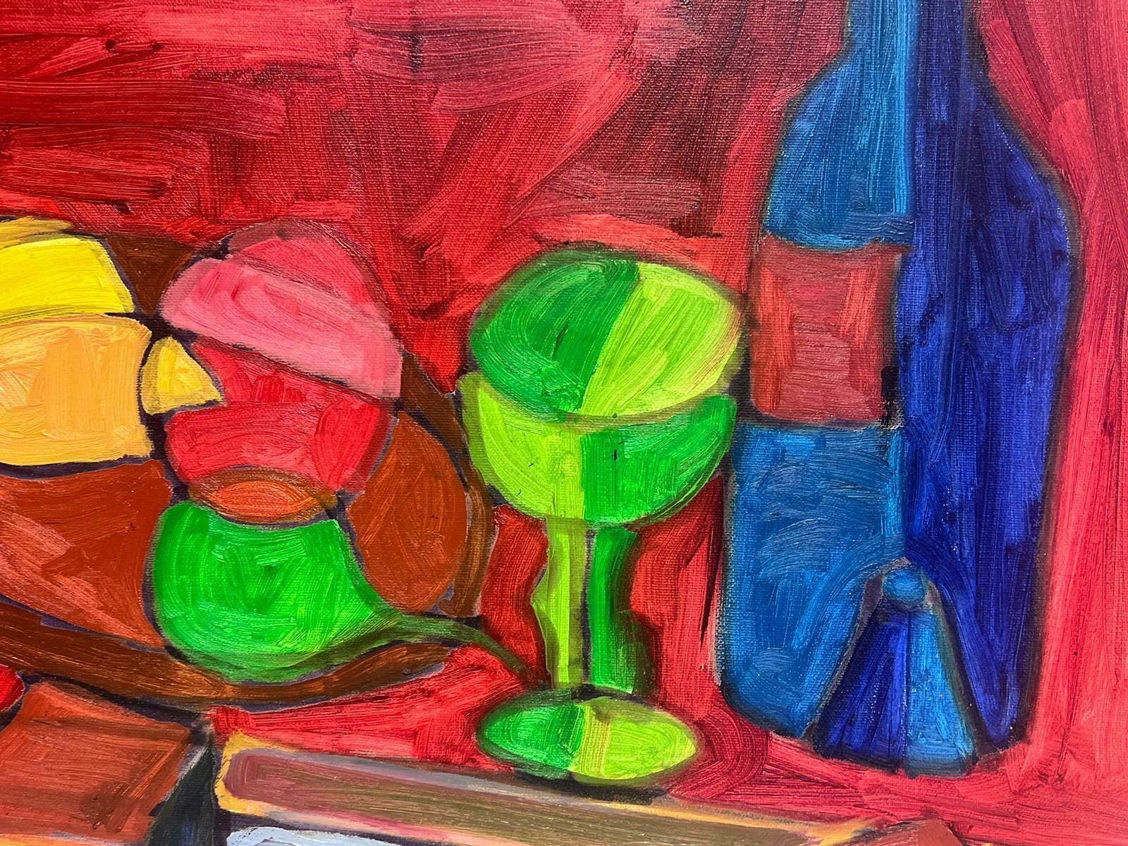 Christian Duriaud1980's French Modernist Cubist Signed Painting Still Life Fruit & Blue Bottle photo for sale