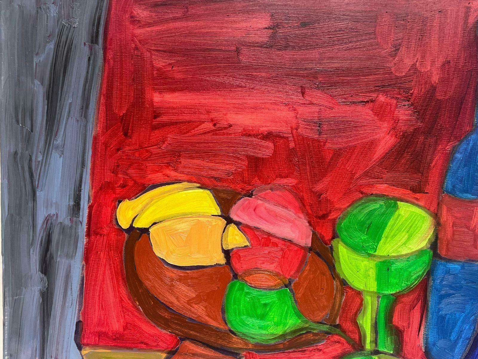 Christian Duriaud1980's French Modernist Cubist Signed Painting Still Life Fruit & Blue Bottle photo Art