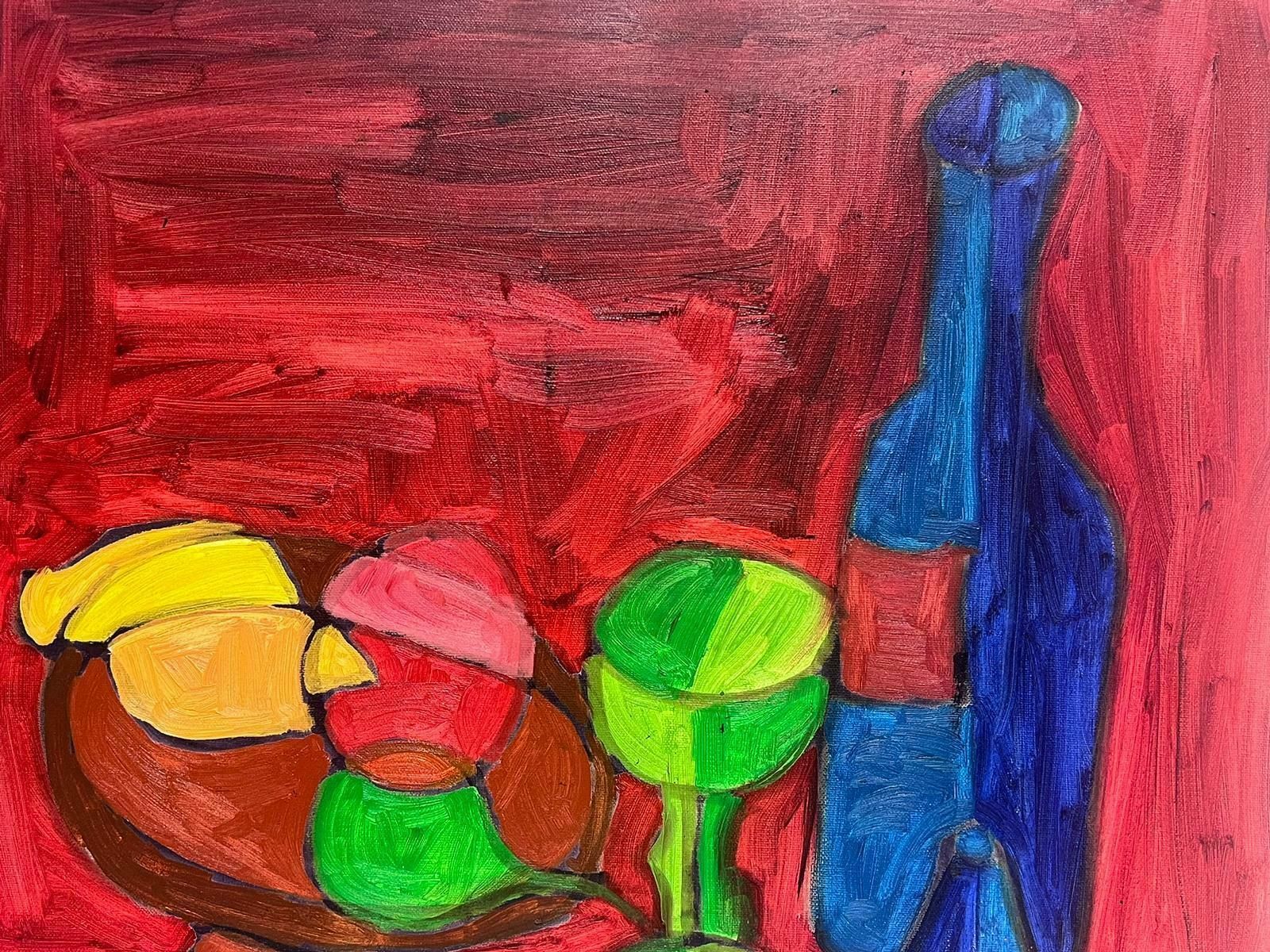 Christian Duriaud1980's French Modernist Cubist Signed Painting Still Life Fruit & Blue Bottle photo vinterior
