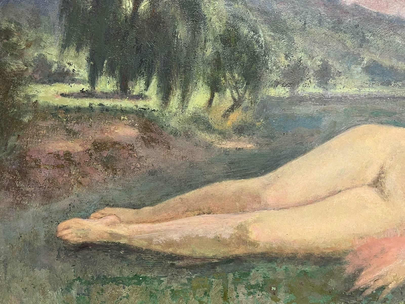 French School1930's French Post Impressionist Oil Painting Nude Lady Reclining In Meadow photo 1634.0