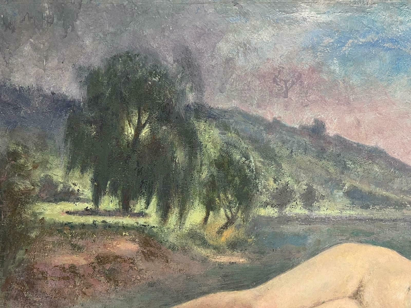 French School1930's French Post Impressionist Oil Painting Nude Lady Reclining In Meadow photo vinterior
