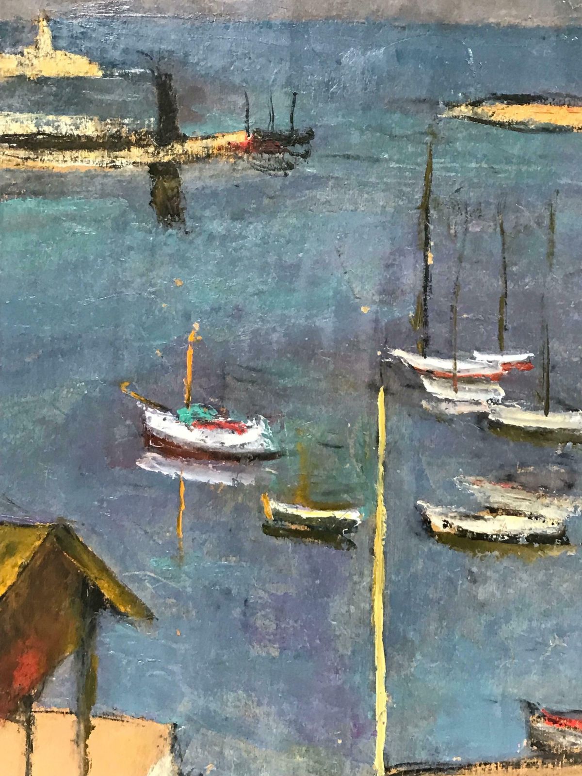 Rene Bellangerlarge 1960's French Modernist Oil Boats In Blue Harbour, Salon Des Independants photo vinterior