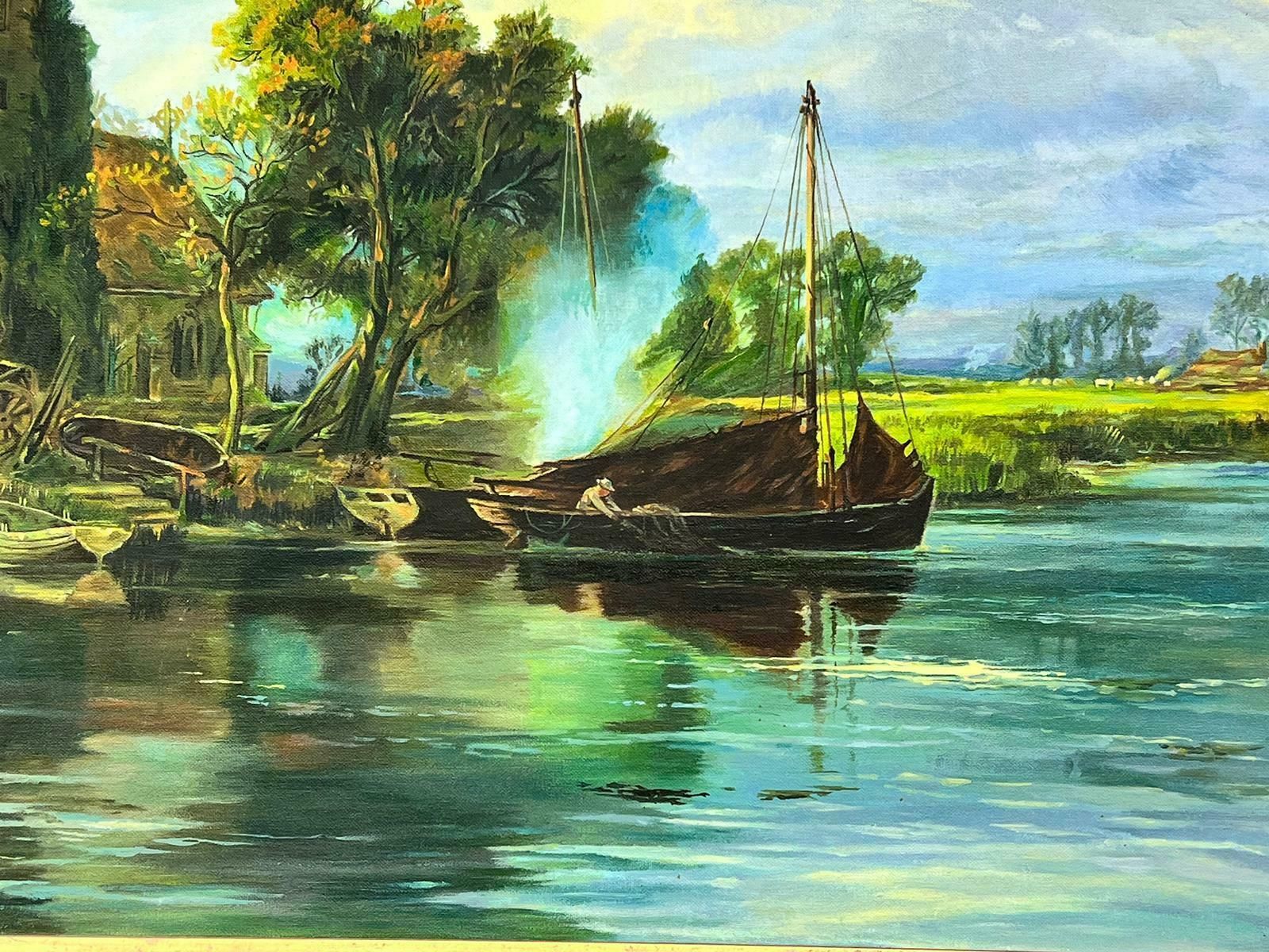 Dutch Schoollarge Framed Oil Painting River Landscape Ferry Boats Old Church Abbey Buildings20th Century photo Art