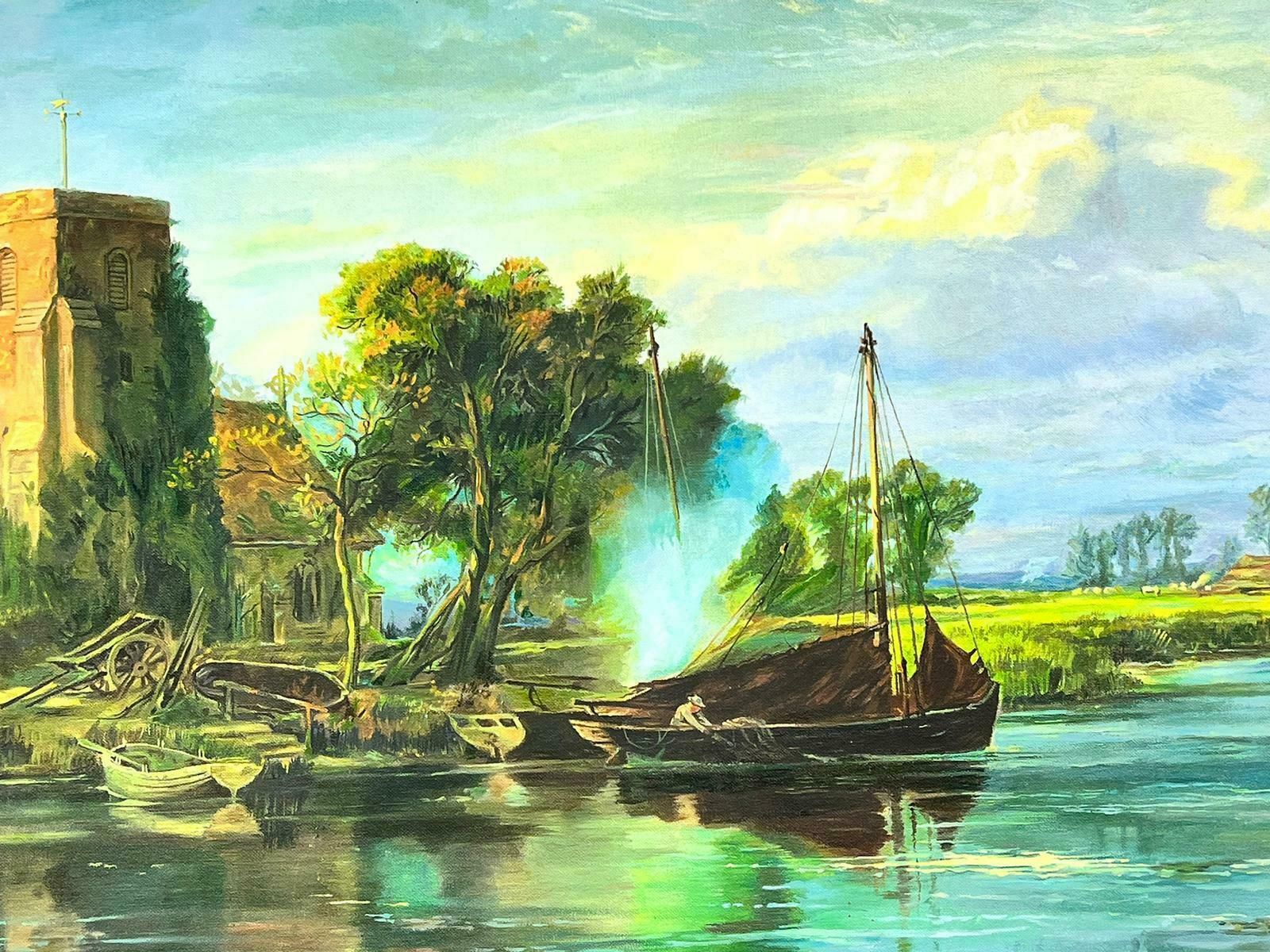 Dutch Schoollarge Framed Oil Painting River Landscape Ferry Boats Old Church Abbey Buildings20th Century photo 5106.0