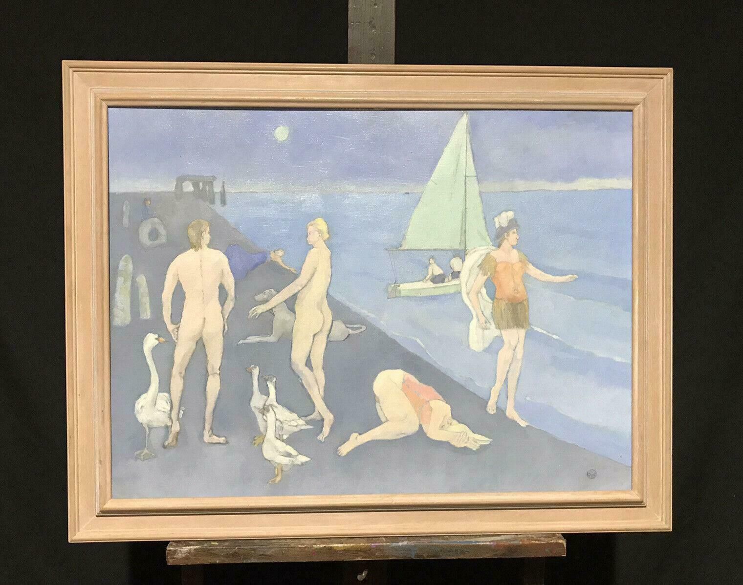 Unknownlarge 20th Century Surrealist Oil Male & Female With Swans   Sailing Boatsc. 1980's photo furniture