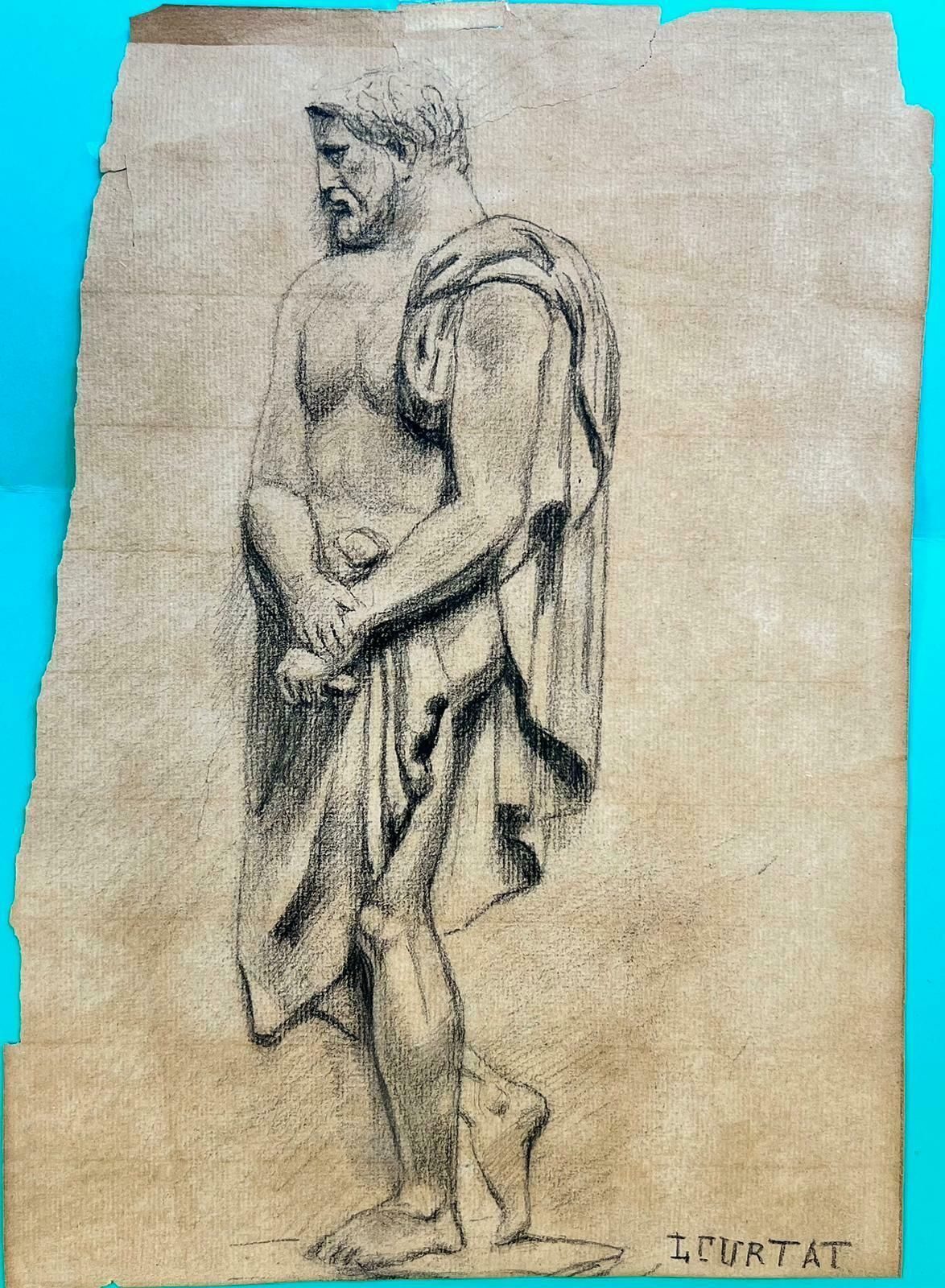 French Schoolclassical Roman Nude Man Draped In Robes, Signed French Drawing photo furniture