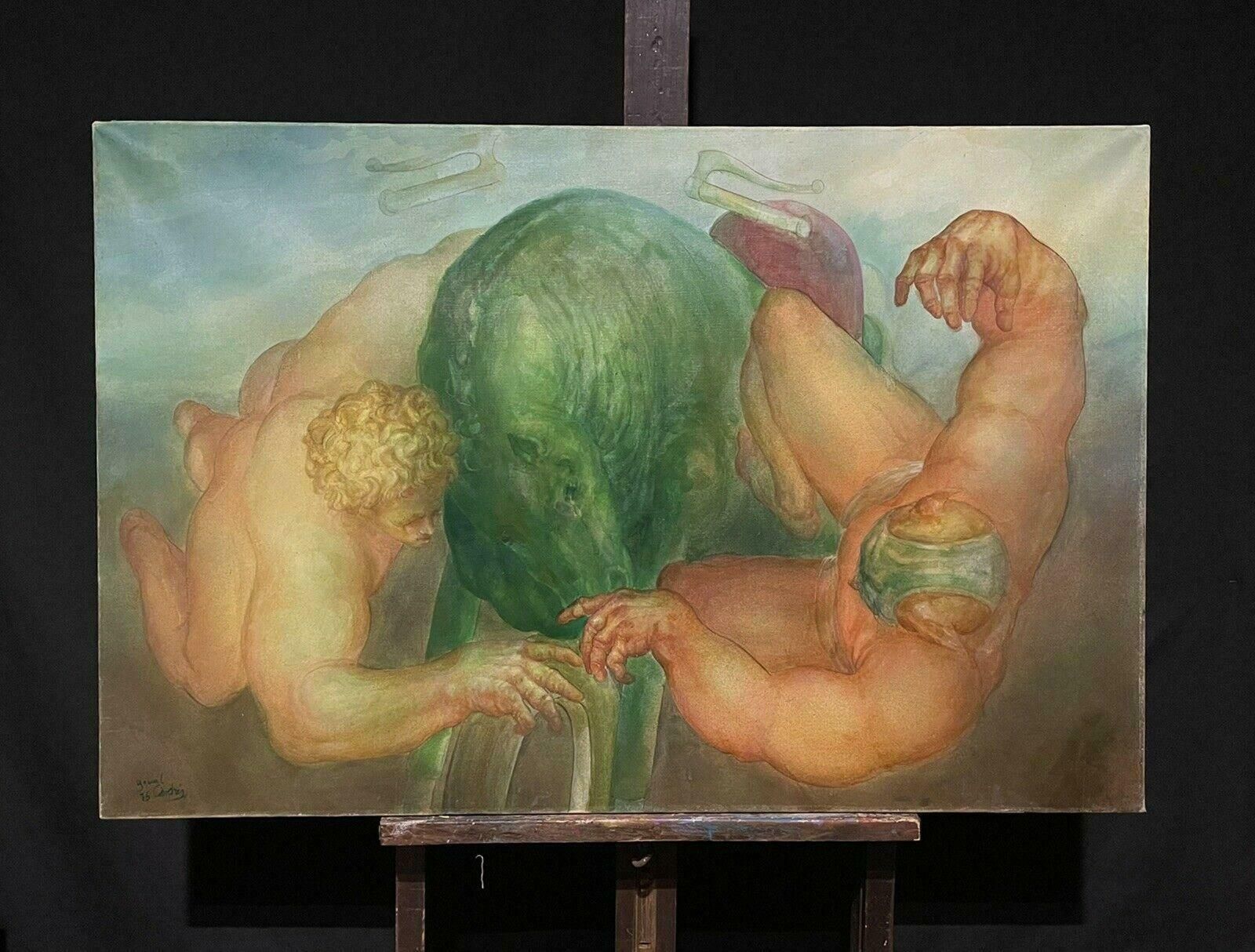 Unknownhuge French Surrealist Oil Painting Wrestling Nude Men Floating In Sky, 1970's1970's photo furniture