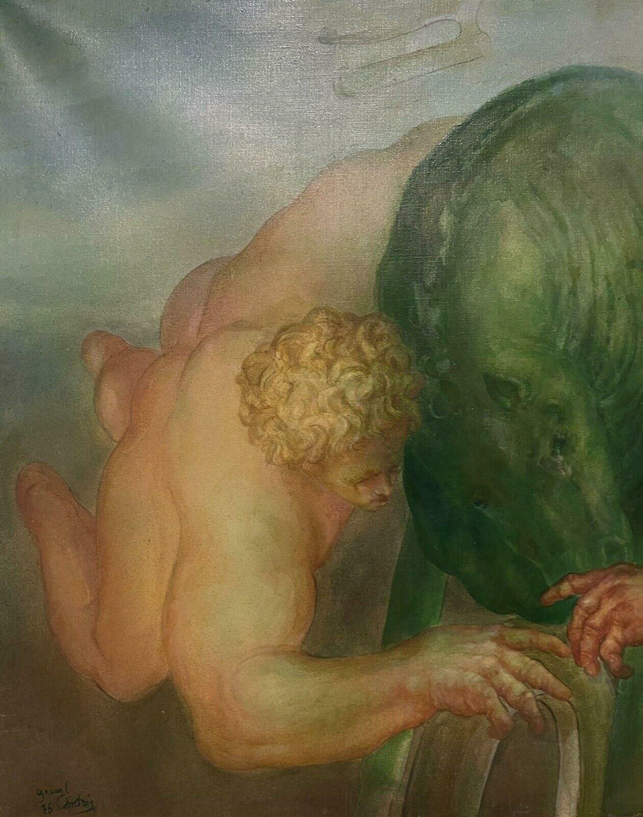 Unknownhuge French Surrealist Oil Painting Wrestling Nude Men Floating In Sky, 1970's1970's photo for sale