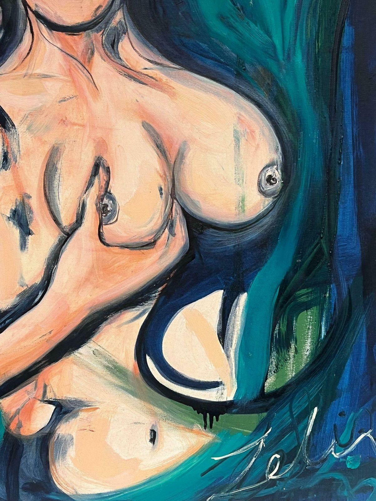 Huge 20thc French Abstractabstract Nude Lady With Dali Style Moustache Very Large French Oil Painting photo for sale