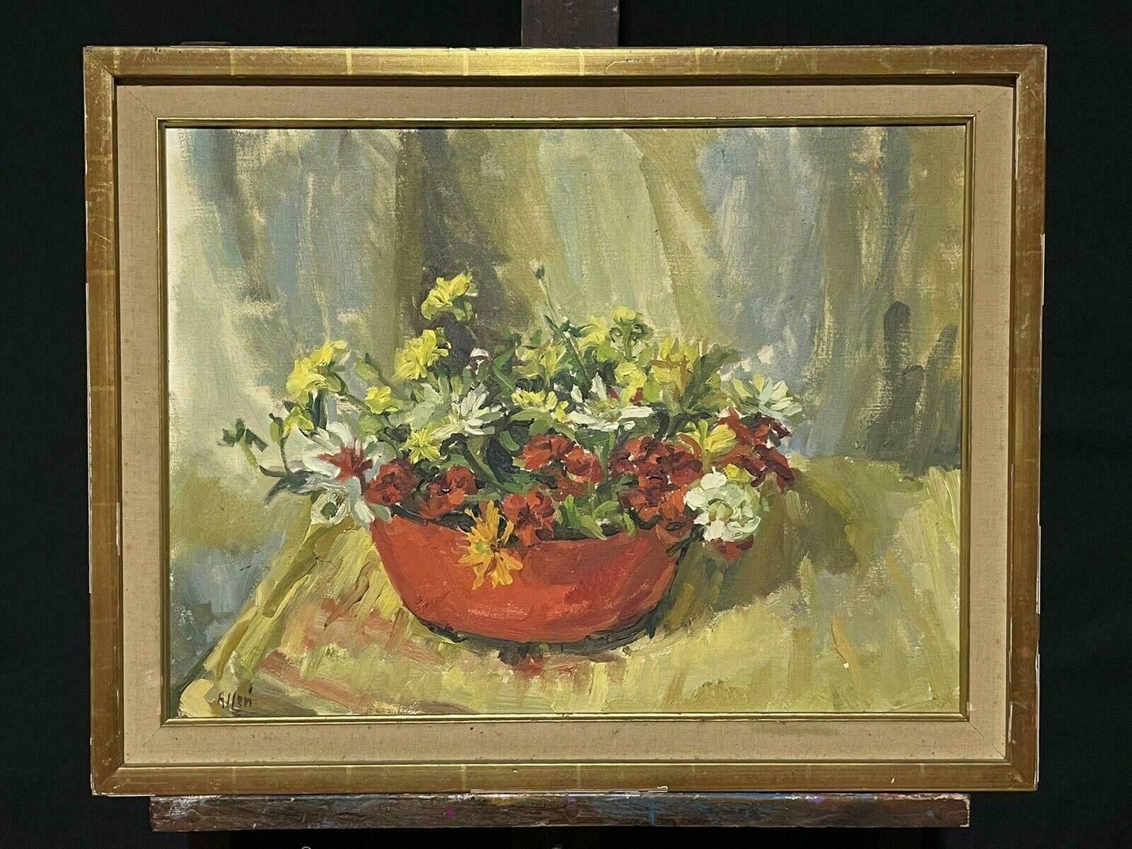 British Mid 20th Centurylarge Mid 20th Century Signed Oil Painting Still Life Flowers In Interior