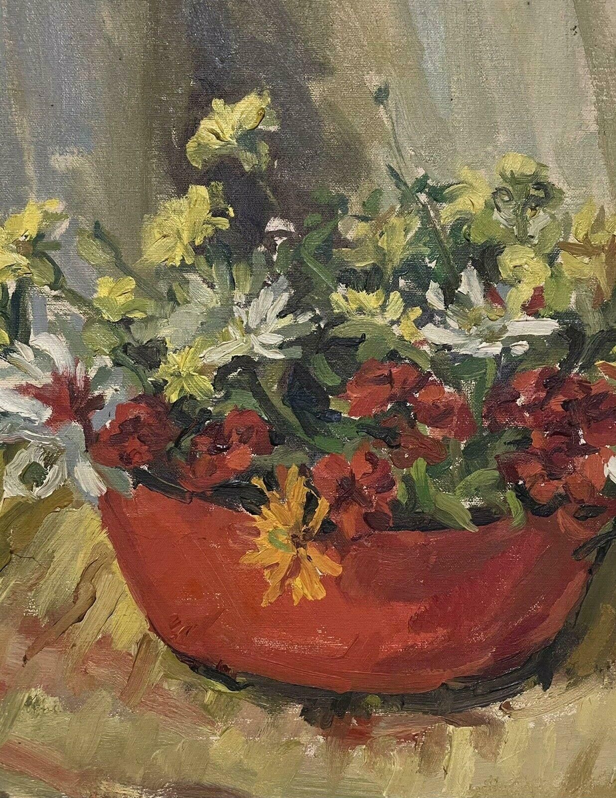 British Mid 20th Centurylarge Mid 20th Century Signed Oil Painting Still Life Flowers In Interior photo furniture