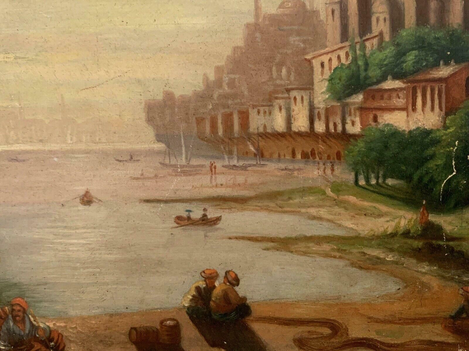 Unknown19th Century European Oil On Wood Panel   Busy Merchant Shipping Sunset Scene19th Century photo vinterior