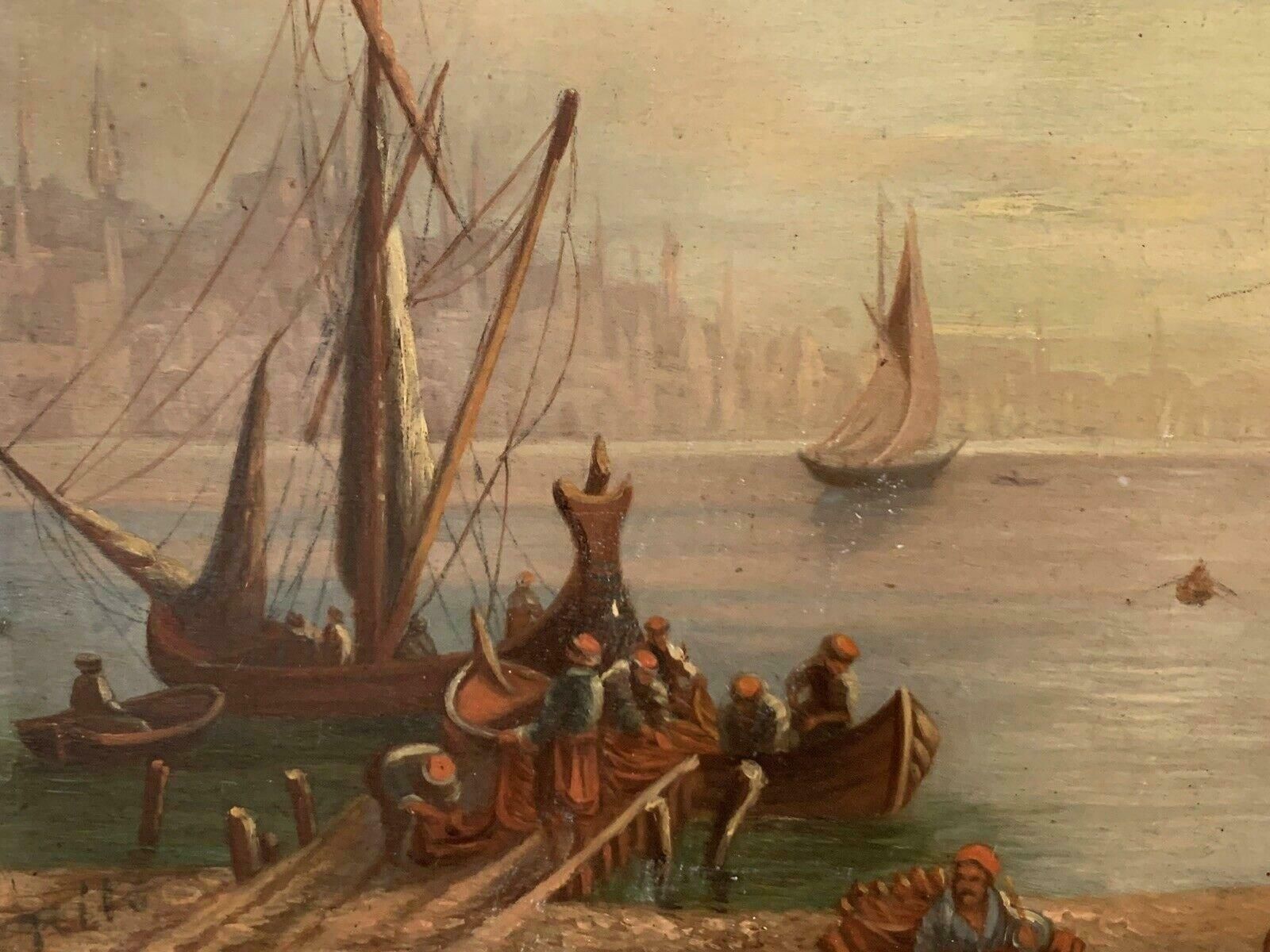 Unknown19th Century European Oil On Wood Panel   Busy Merchant Shipping Sunset Scene19th Century photo buy