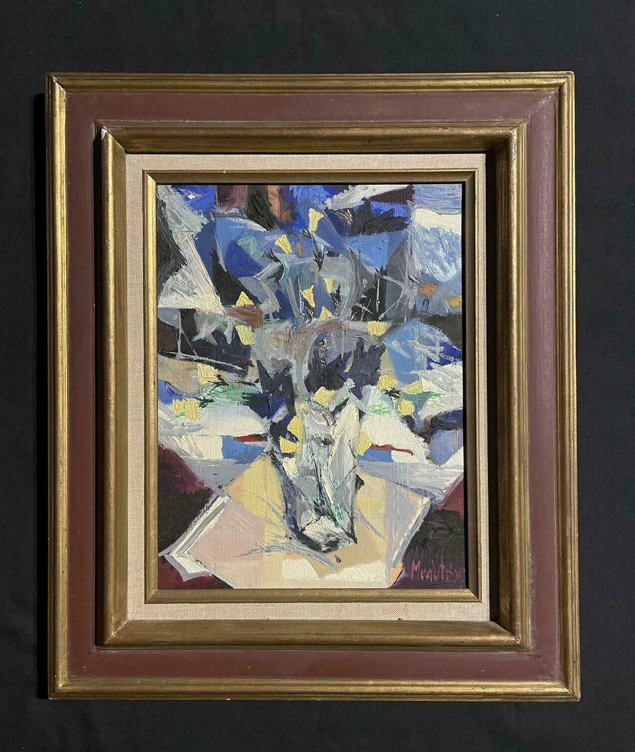 French Cubist1970's French Cubist Abstract Oil Painting Signed, Blue & White Flowers In Vase1970's photo furniture