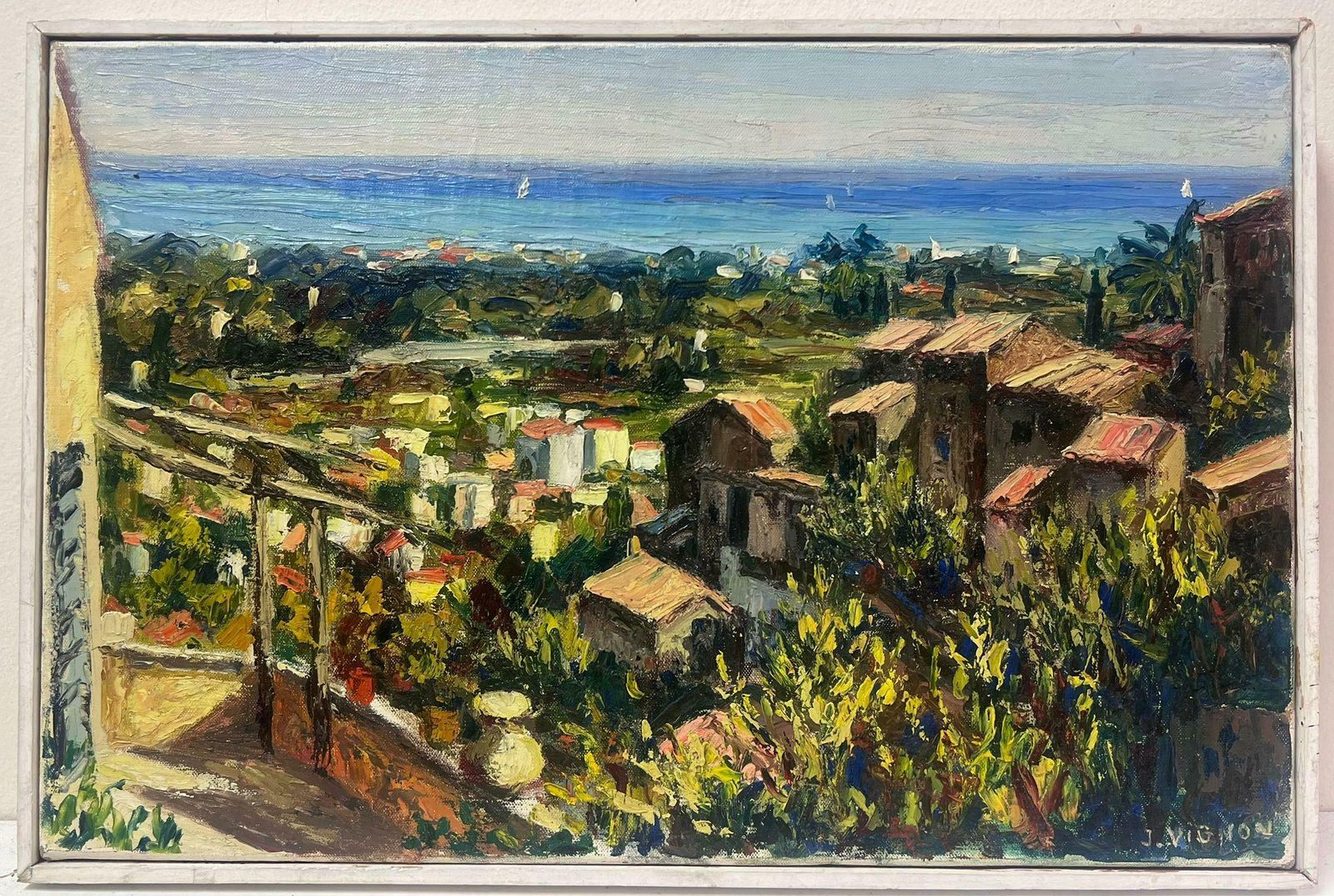 Josine Vignon1960s French Post Impressionist Signed Oil Roof Top Town Along The Blue Coast1950s photo furniture