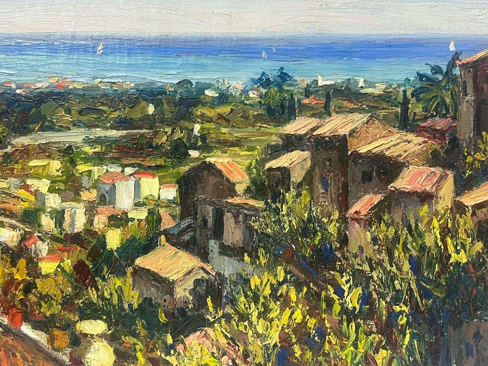 Josine Vignon1960s French Post Impressionist Signed Oil Roof Top Town Along The Blue Coast1950s photo 1940.0