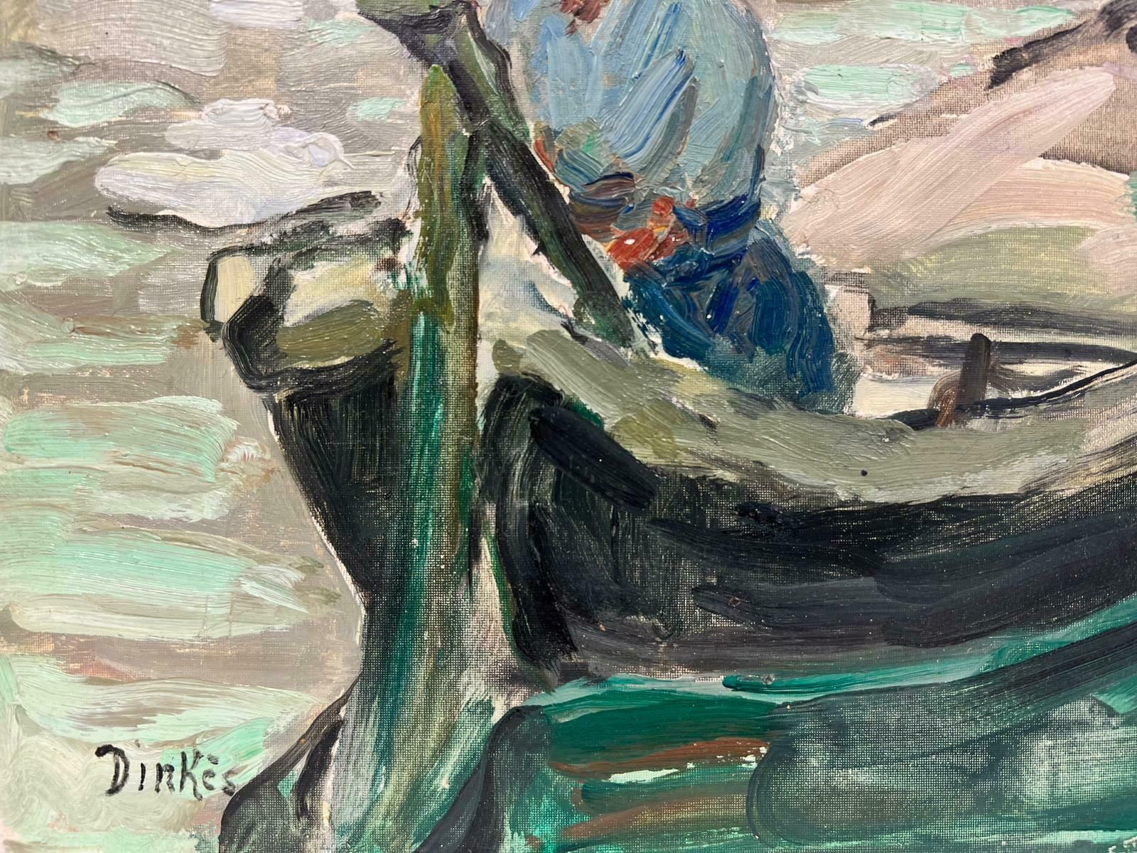Suzanne Dinkes1950's Post Impressionist French Oil Man In Gondola Venice Tranquil Canal, Oil 1950's photo 914.0