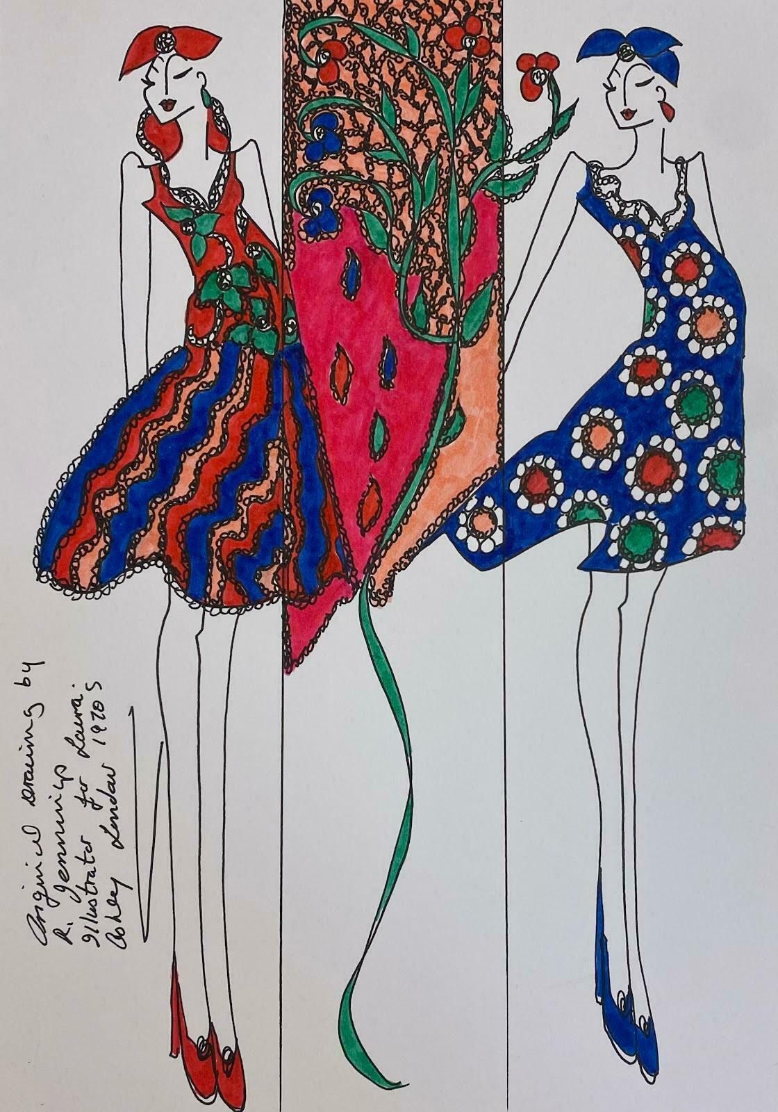 Roz Jenningsoriginal Fashion Design Illustration Watercolor Painting Laura Ashley Designerc.2000