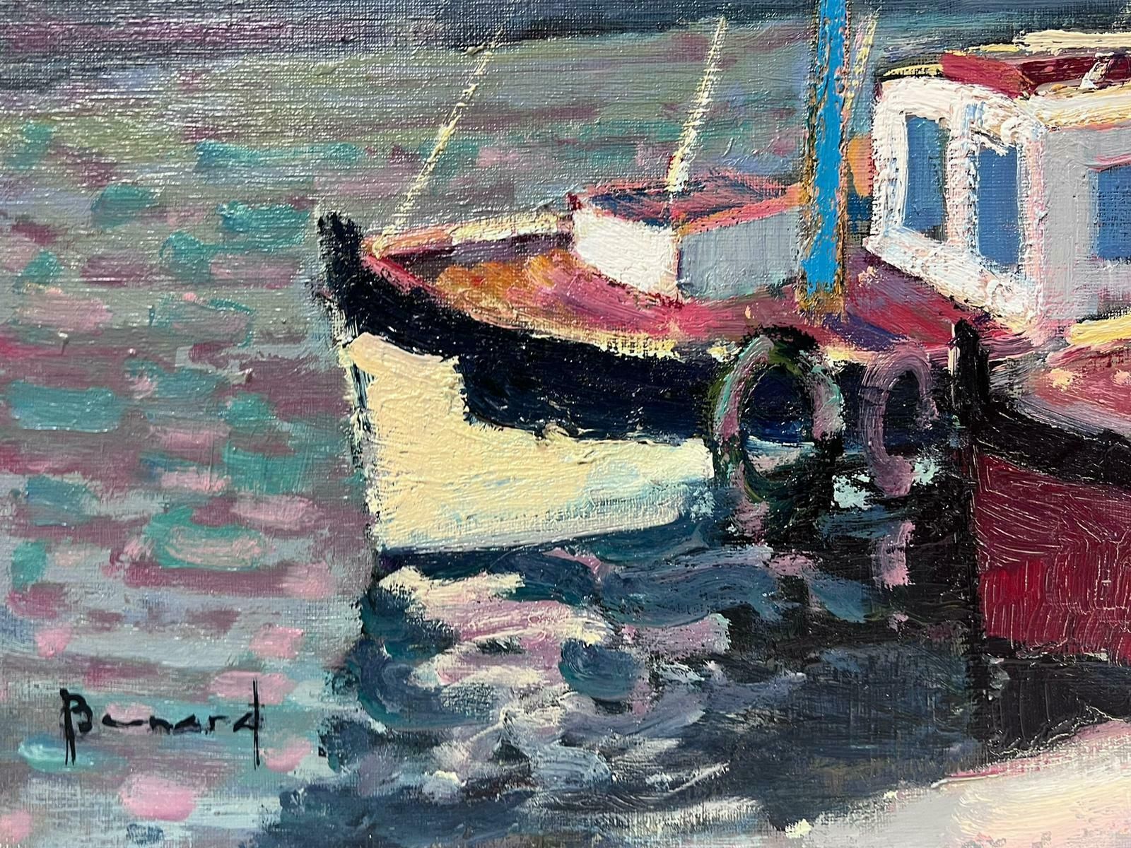 Guy Benardhonfleur Harbour Boats French Impressionist Signed Oil Warm Summer Colors photo for sale