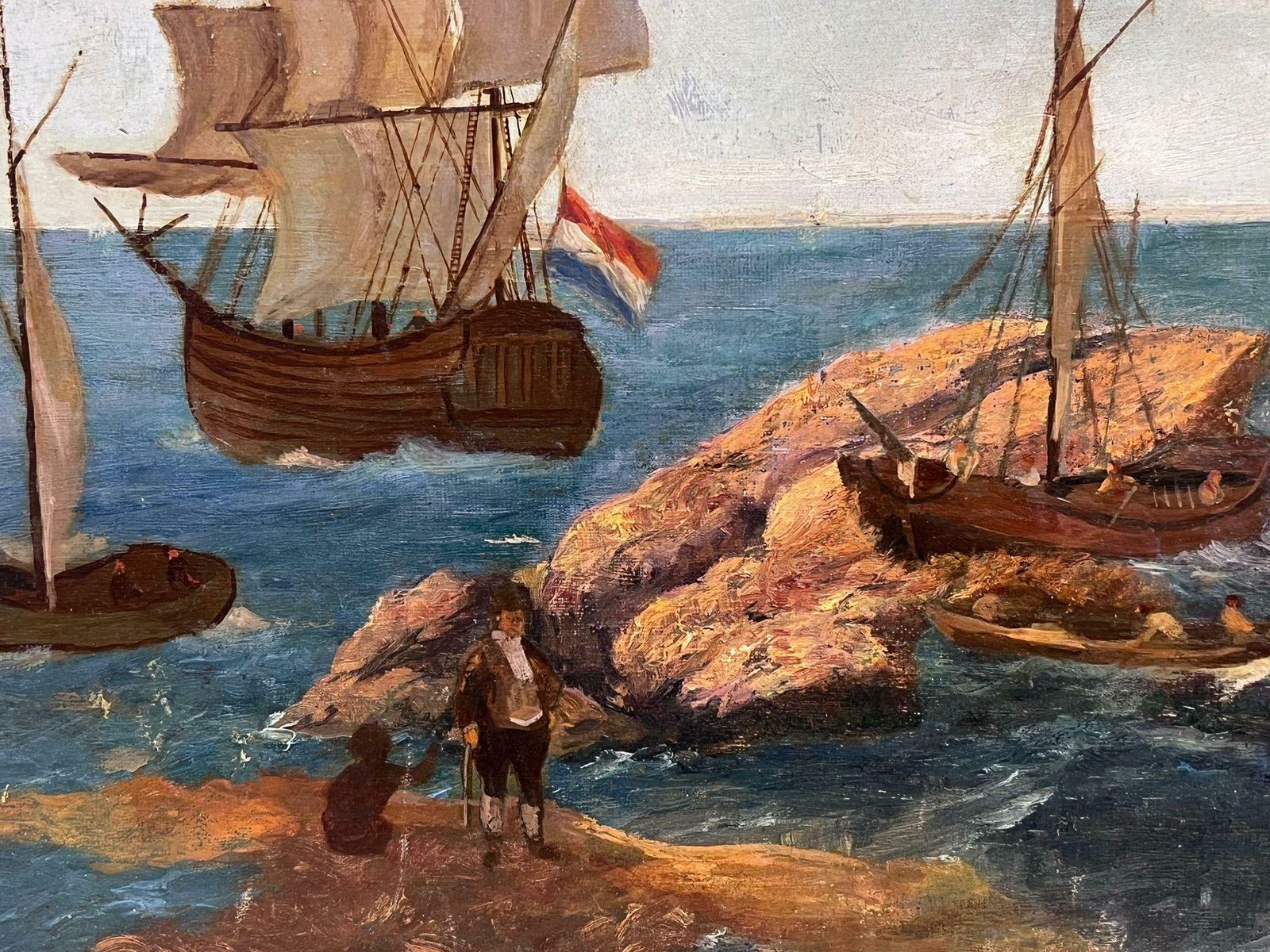 French School1920's French Signed Oil Old Naval Tall Sailing Ships At Sea Rocky Coastline photo vinterior