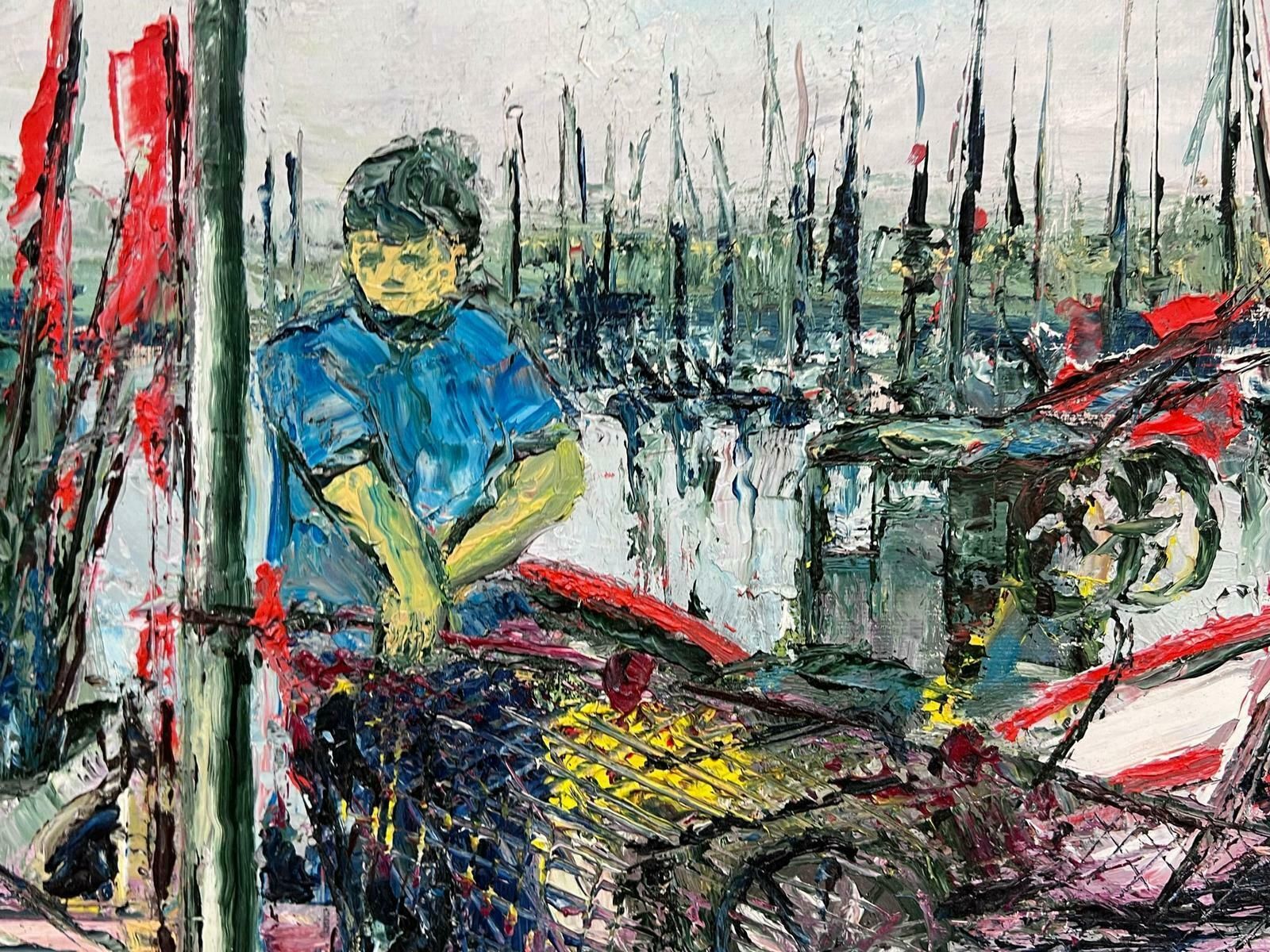 French Modernistfisherman On Quay Tending His Nets Signed French Modernist Expressionist Oil photo Art