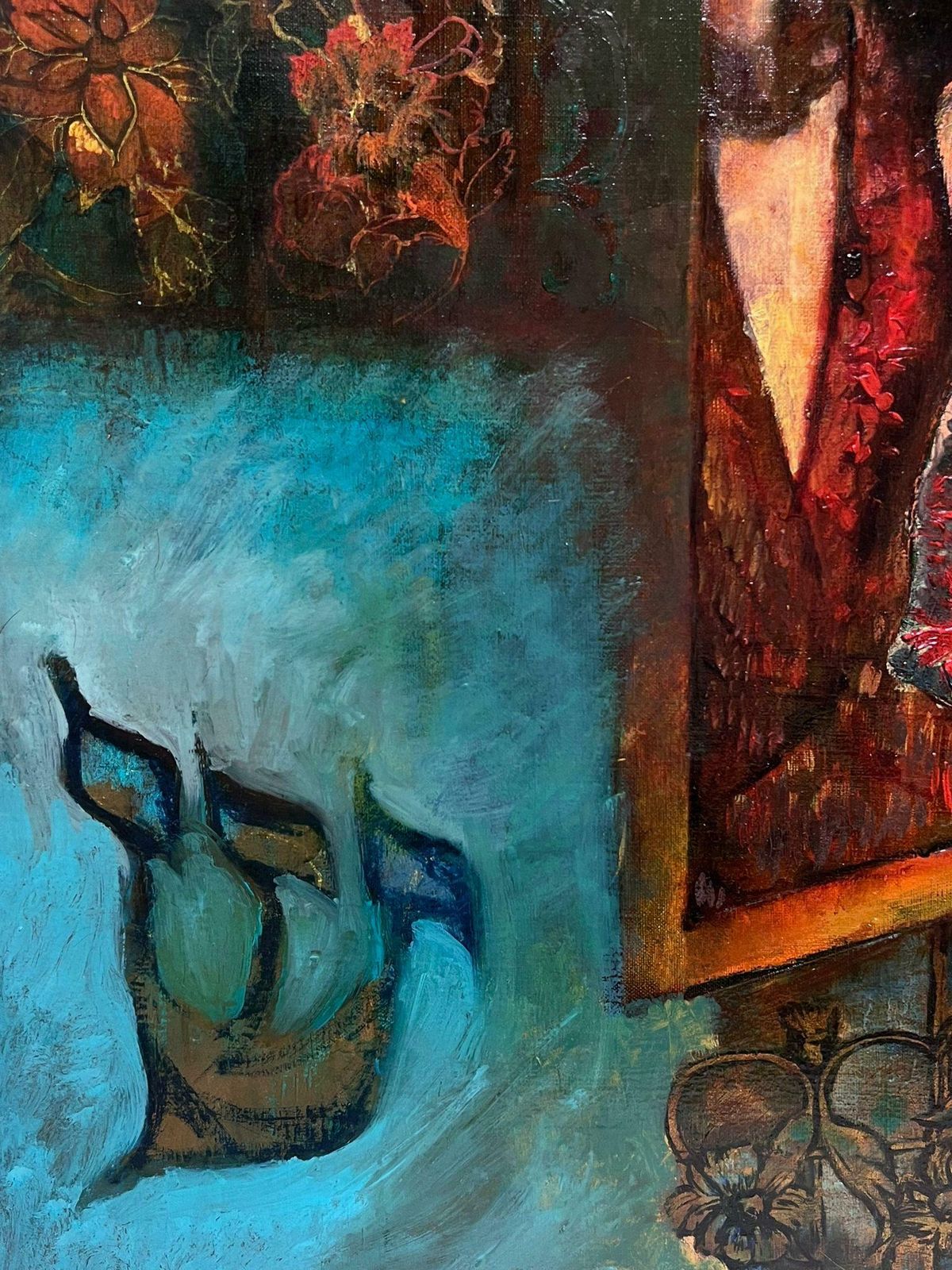 French School1960's French Surrealist Modernist Oil Lady Looking At Viewer With Boats photo for sale