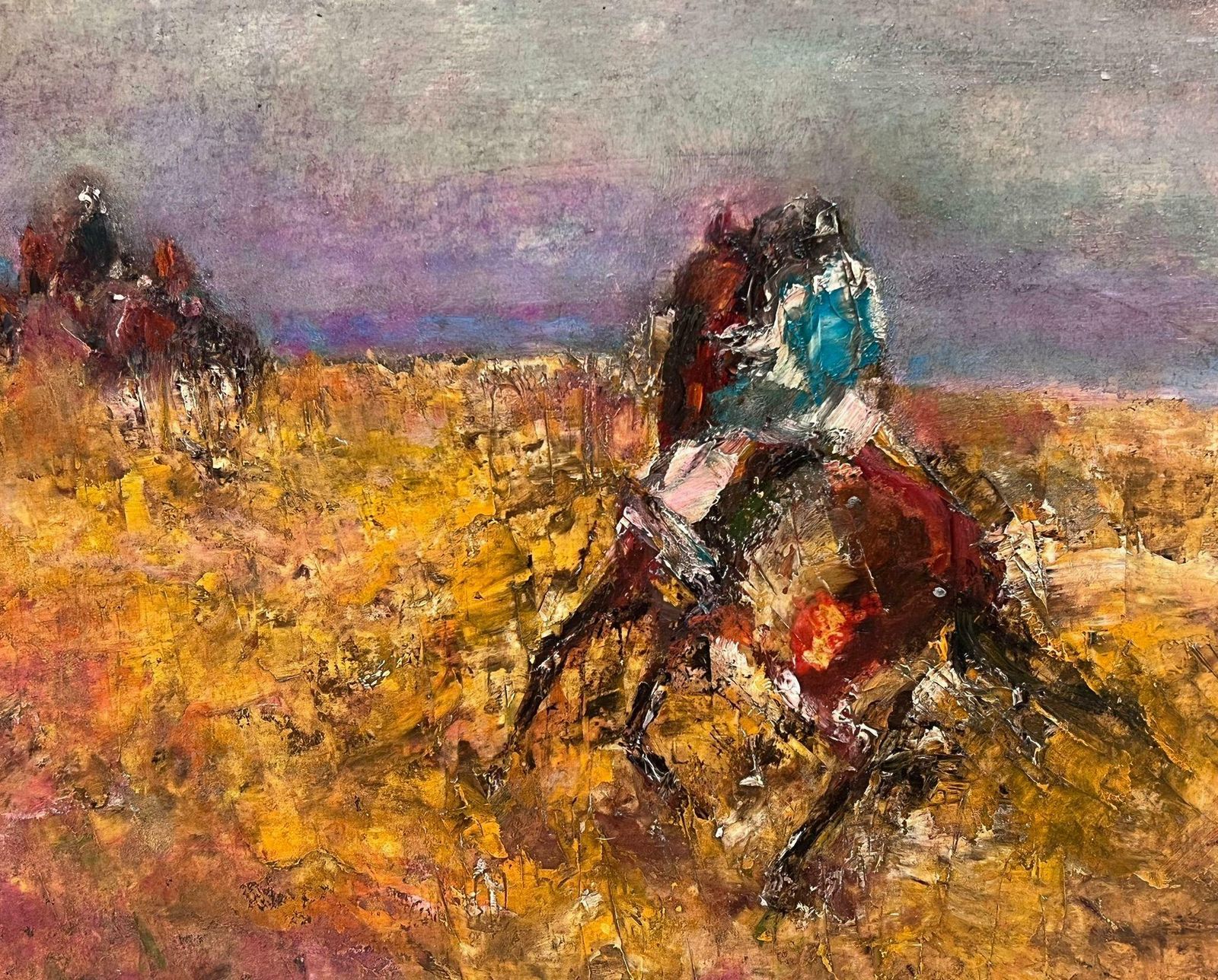 French Schoolracehorses Galloping In Burnt Orange Field Beautiful French Expressionist Oil photo Art