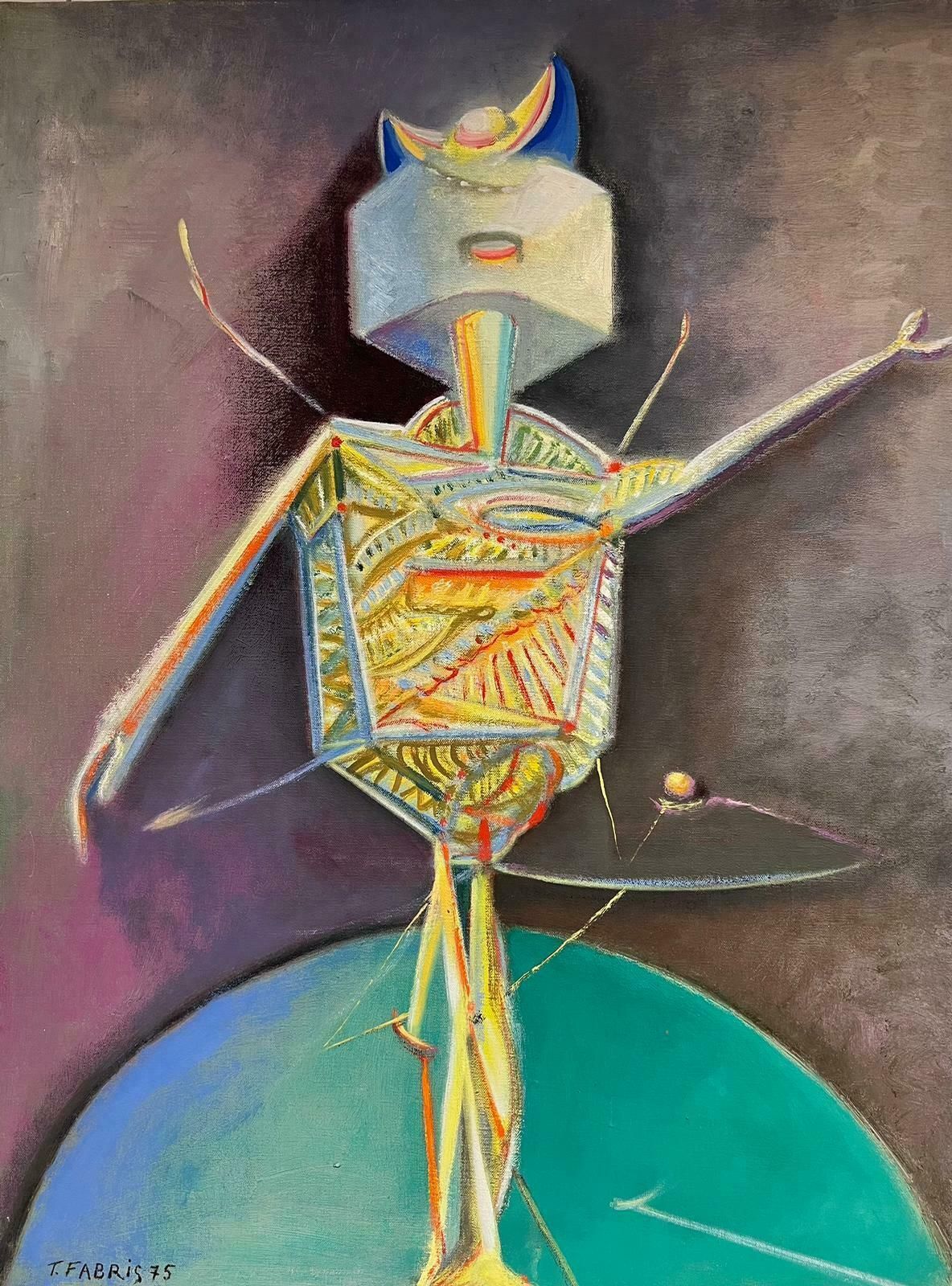 T. Fabris1970’s French Surrealist Signed Oil Painting Abstract Robot Sculpture1970's