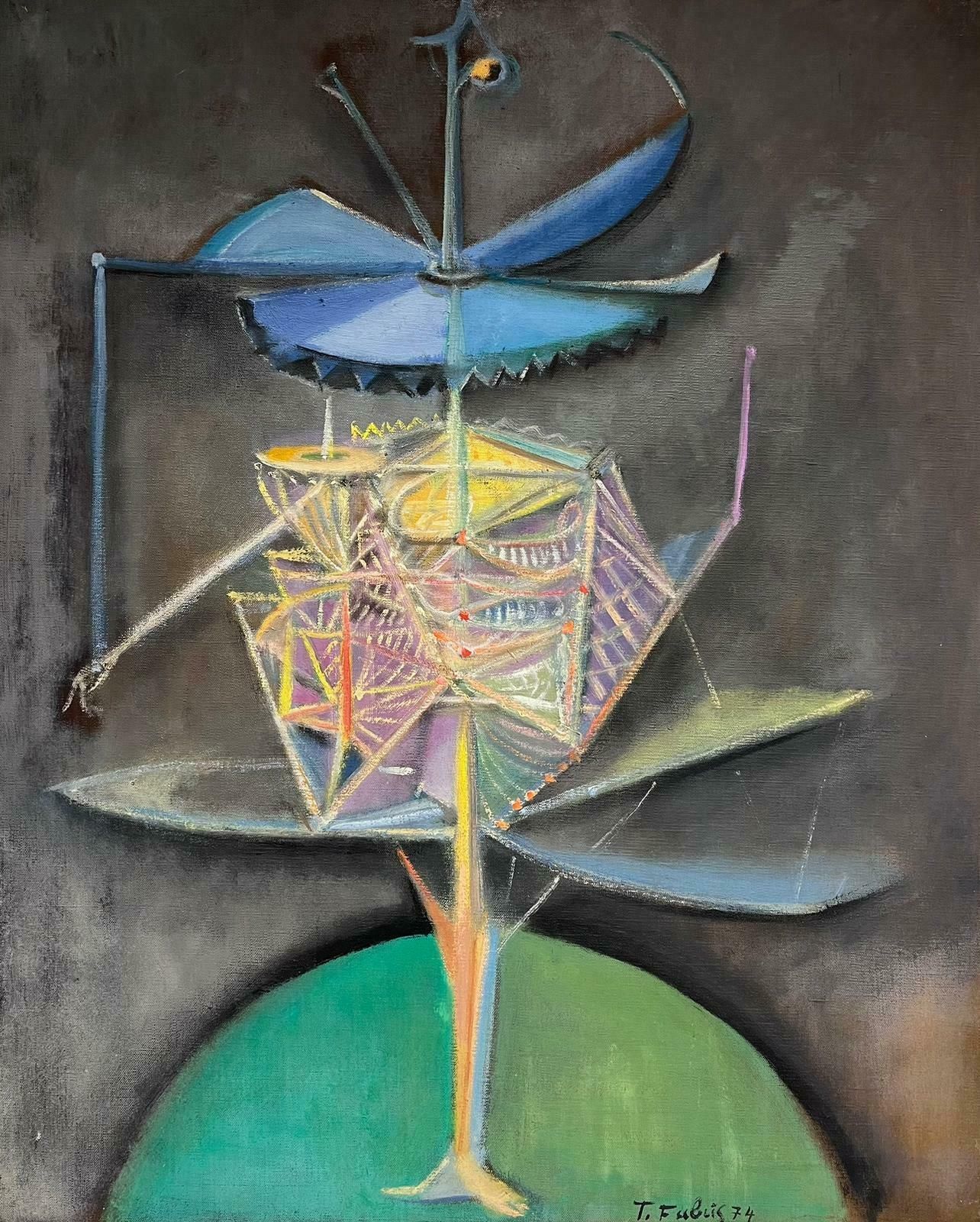 T. Fabris1970’s French Surrealist Signed Oil Painting Green Abstract Composition1970's