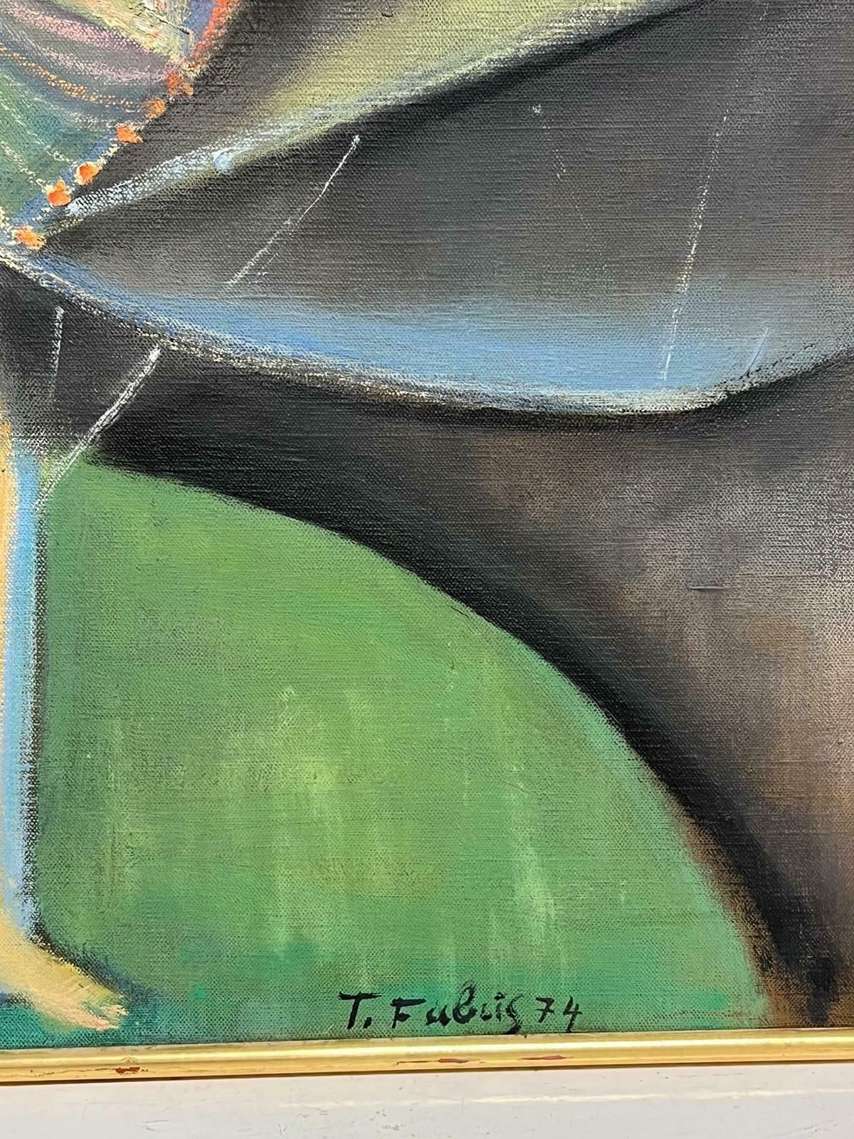 T. Fabris1970’s French Surrealist Signed Oil Painting Green Abstract Composition1970's photo Art