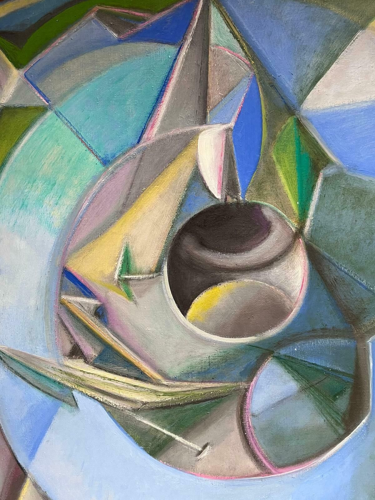 T. Fabris1970’s French Surrealist Signed Oil Painting Abstract Cubist Shapes Patterns1979 photo furniture