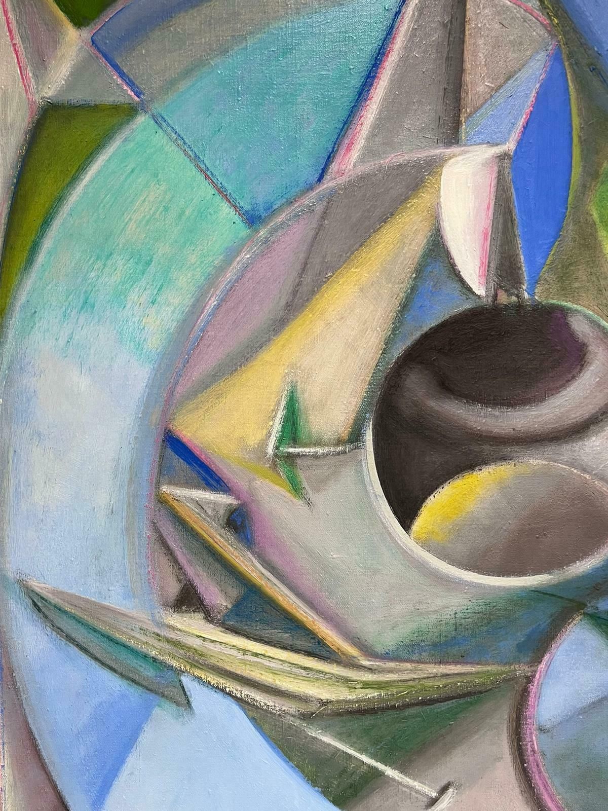 T. Fabris1970’s French Surrealist Signed Oil Painting Abstract Cubist Shapes Patterns1979 photo for sale