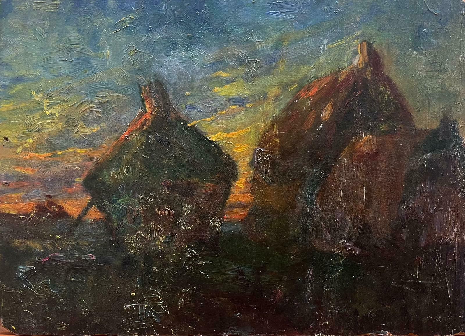 French Schoolhaystacks At Sunset Vintage French Impressionist Oil Painting